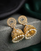 Orneza Gold Zircon Studded Jhumka Earrings with Pearls