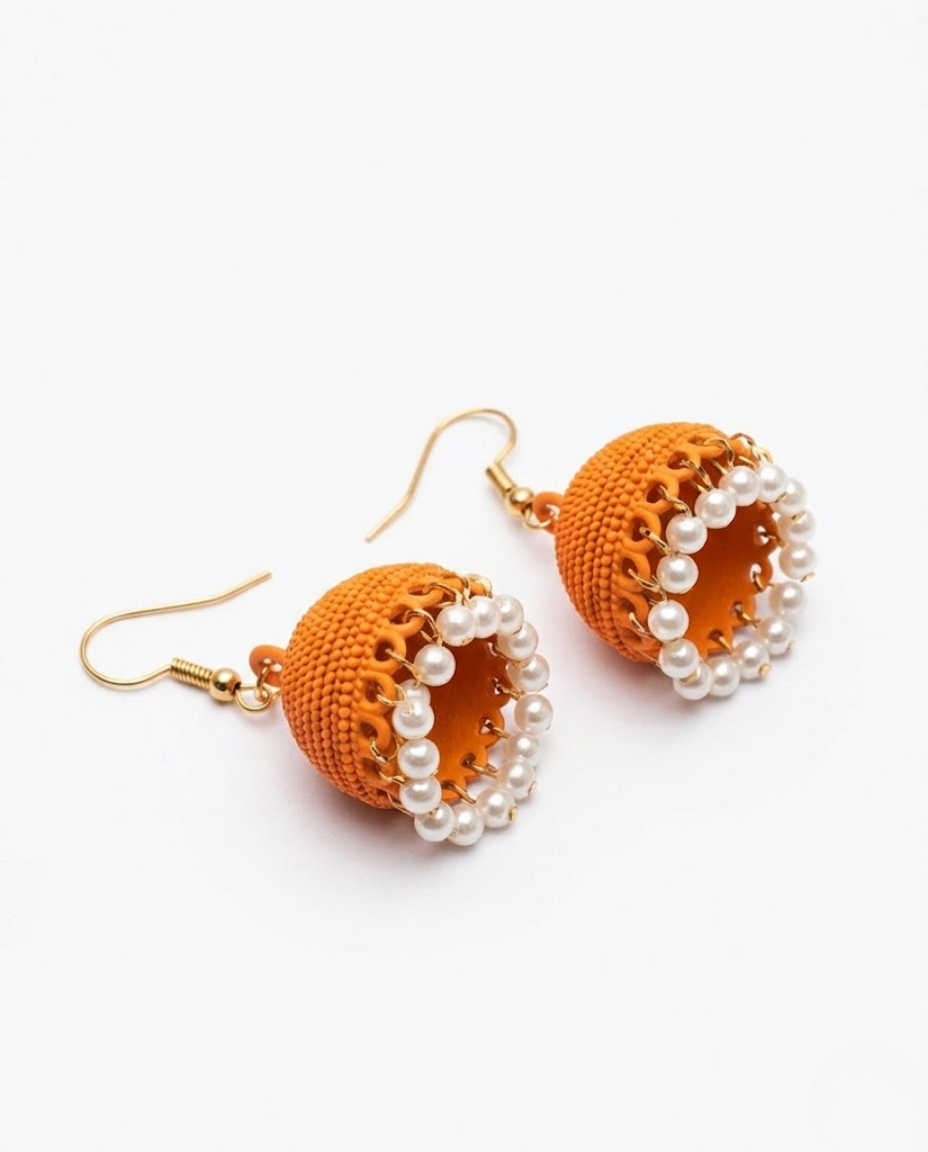 Orange Textured Jhumka Earrings with Elegant Pearl Drops