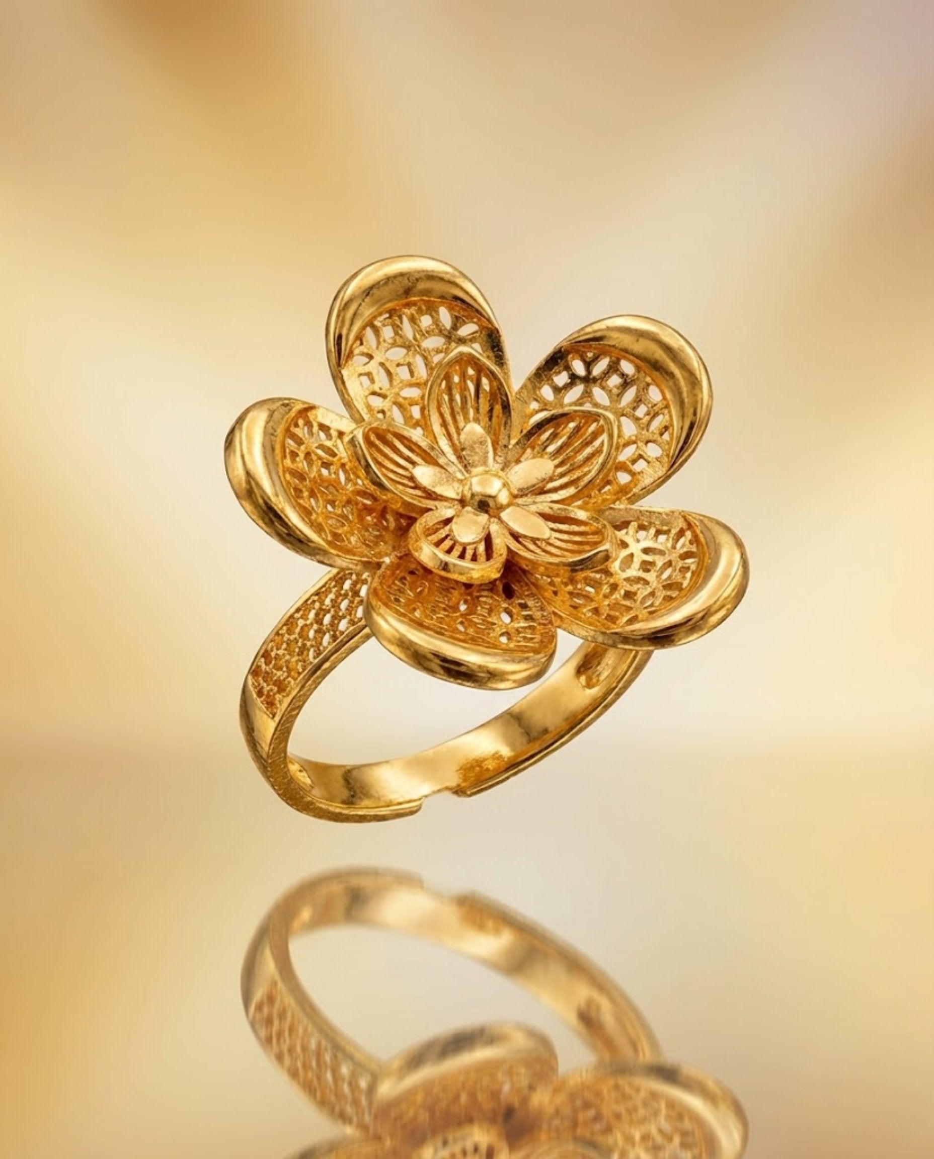 Orneza Gold Filigree Five Petal Floral Statement Ring