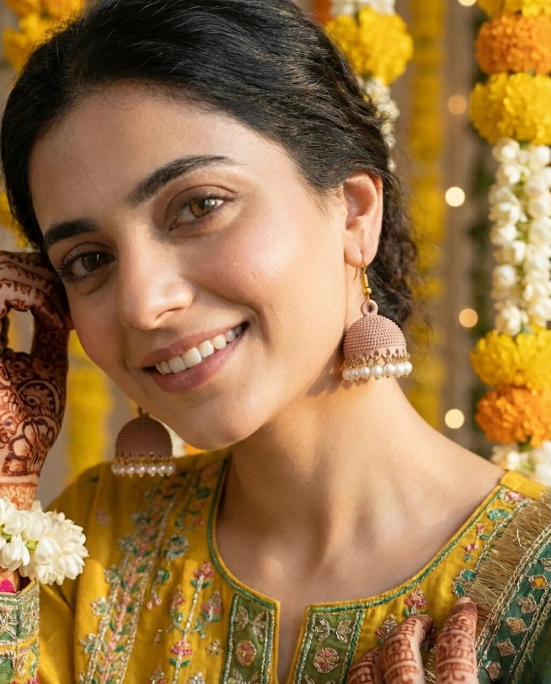 Modern Mauve Matte Jhumka Earrings with Pearls by Orneza