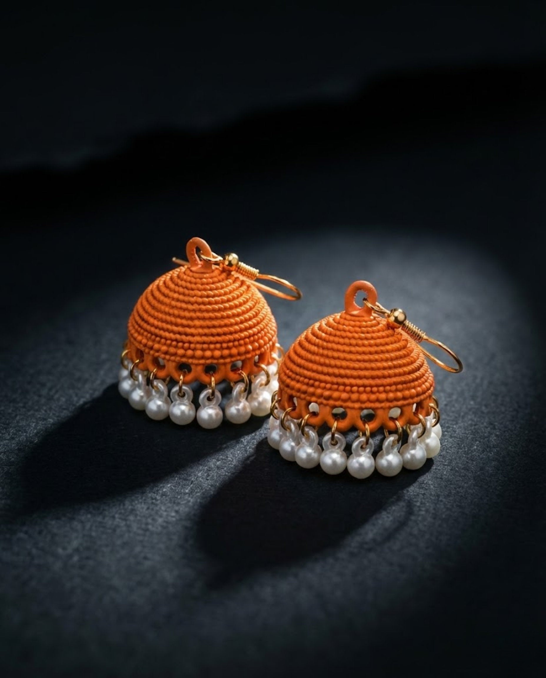 Orange Textured Jhumka Earrings with Elegant Pearl Drops