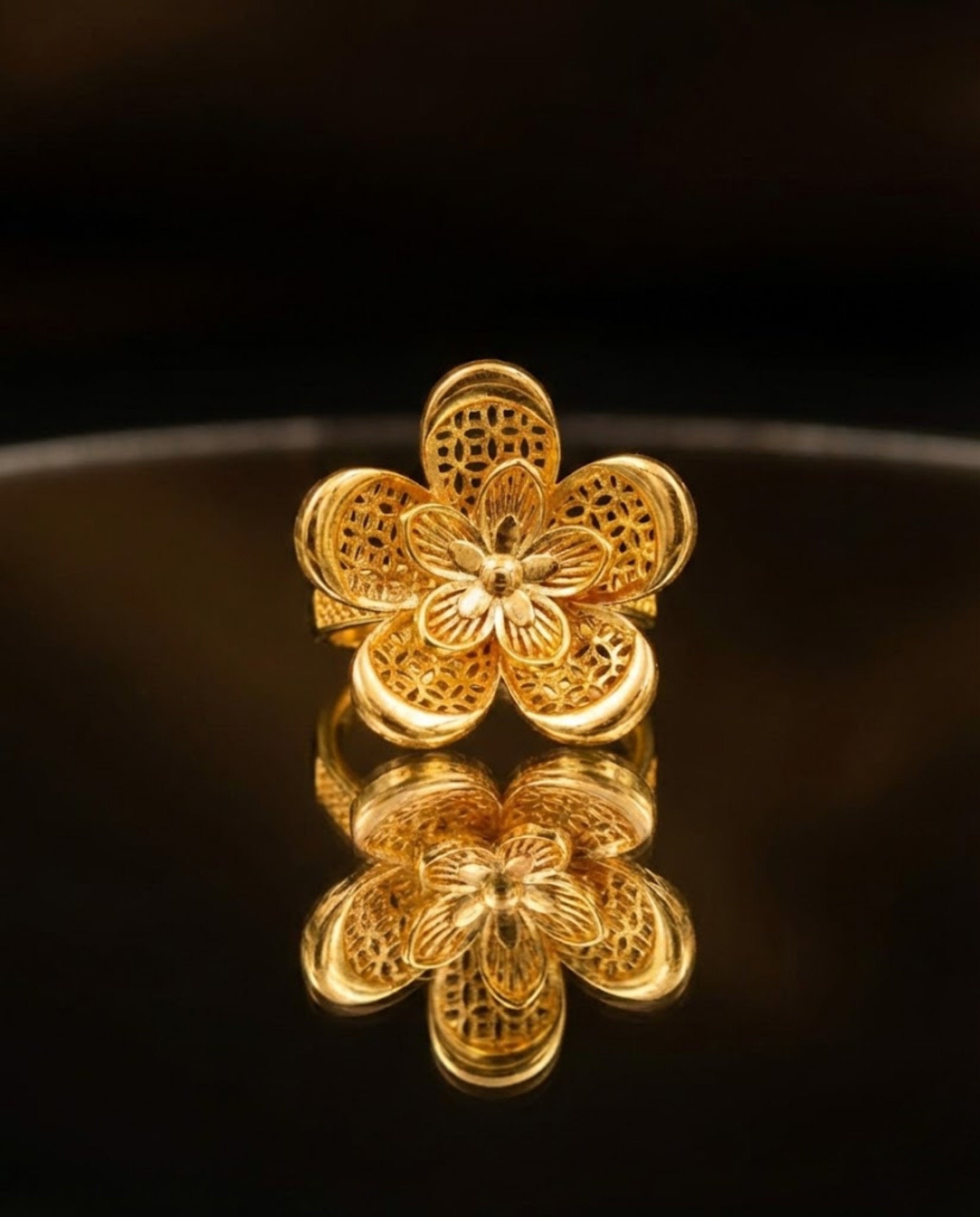 Orneza Gold Filigree Five Petal Floral Statement Ring