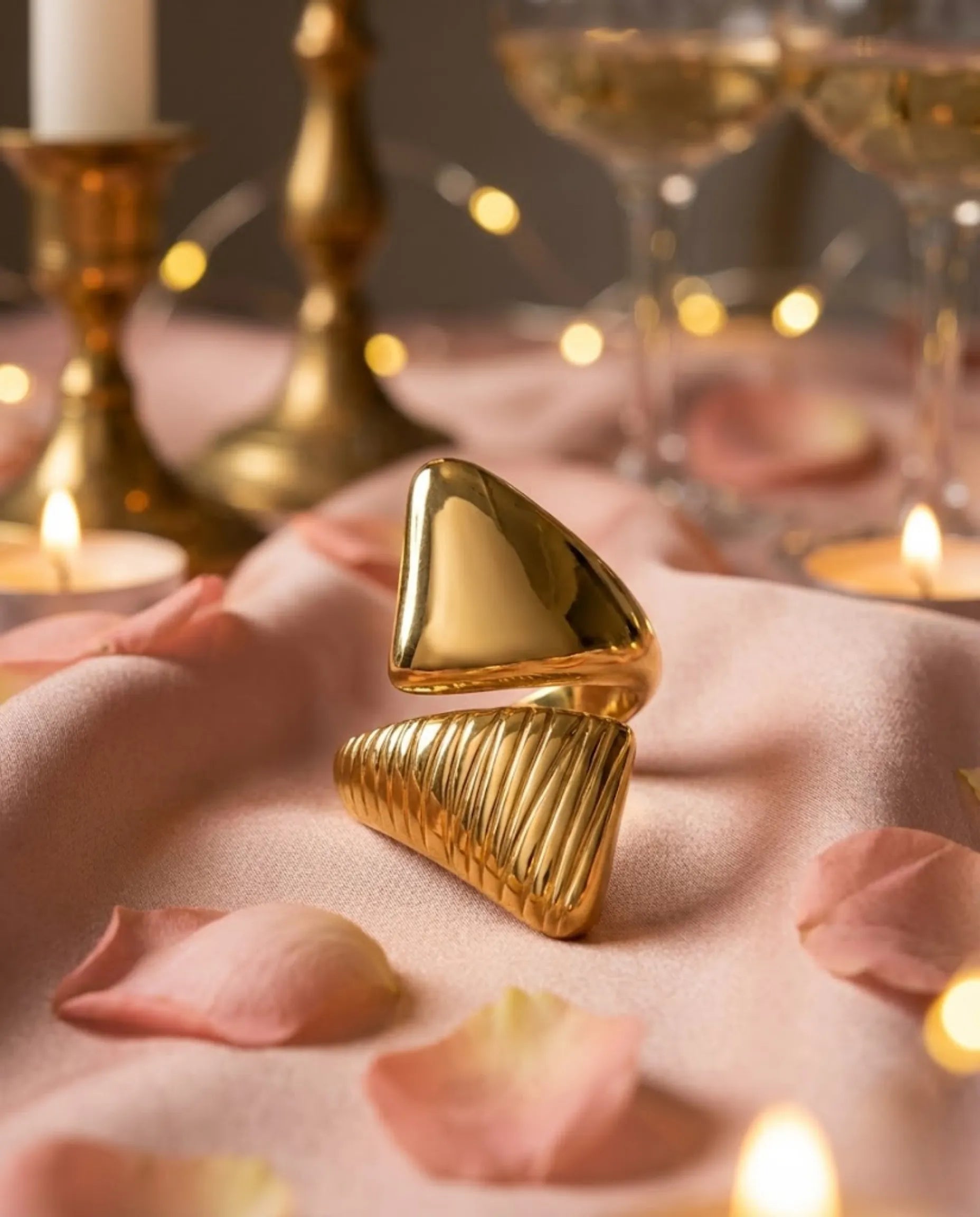 Orneza Dual Texture Pyramid Statement Ring - Adjustable Gold