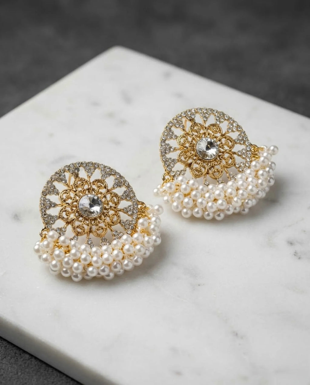 Orneza Pearl Encrusted Gold Chandbali Statement Earrings
