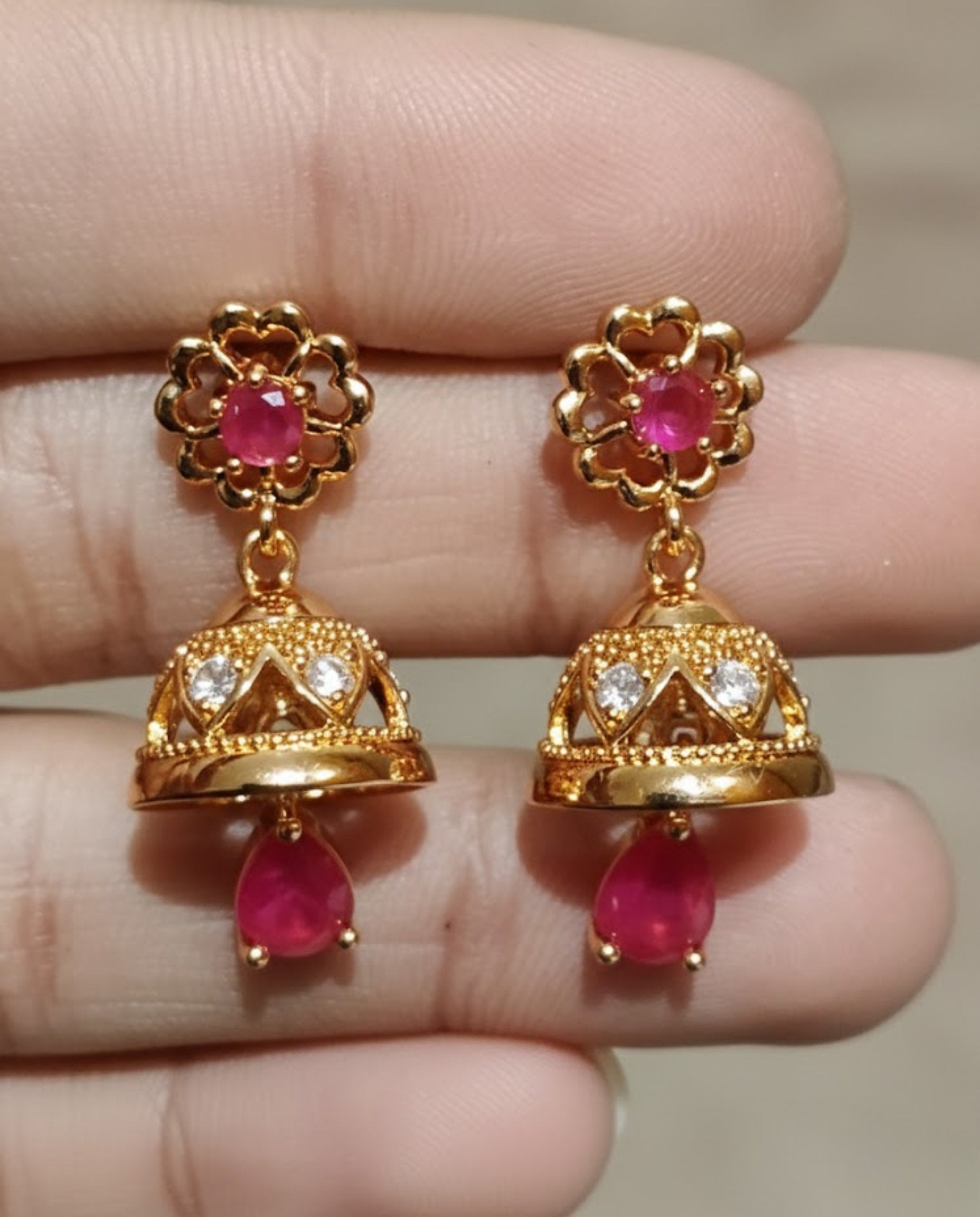 Orneza Royal Ruby Gold Jhumka Earrings