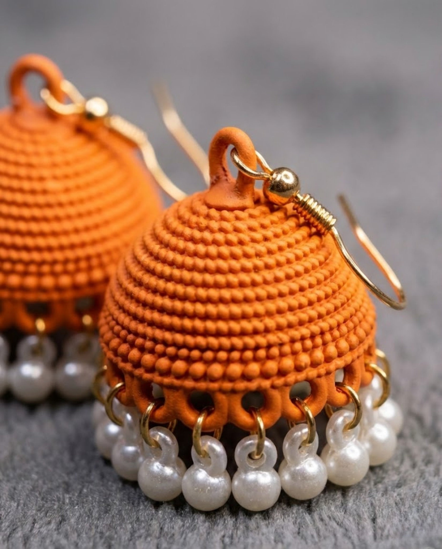 Orange Textured Jhumka Earrings with Elegant Pearl Drops