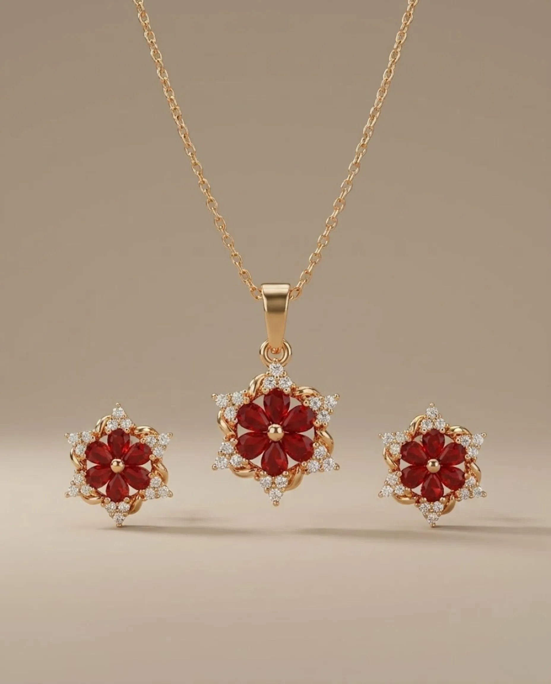 Orneza Scarlet Bloom Floral Crystal Jewelry Set