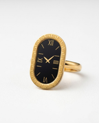 Orneza Vintage Roman Numeral Gold Watch Ring with Black Dial