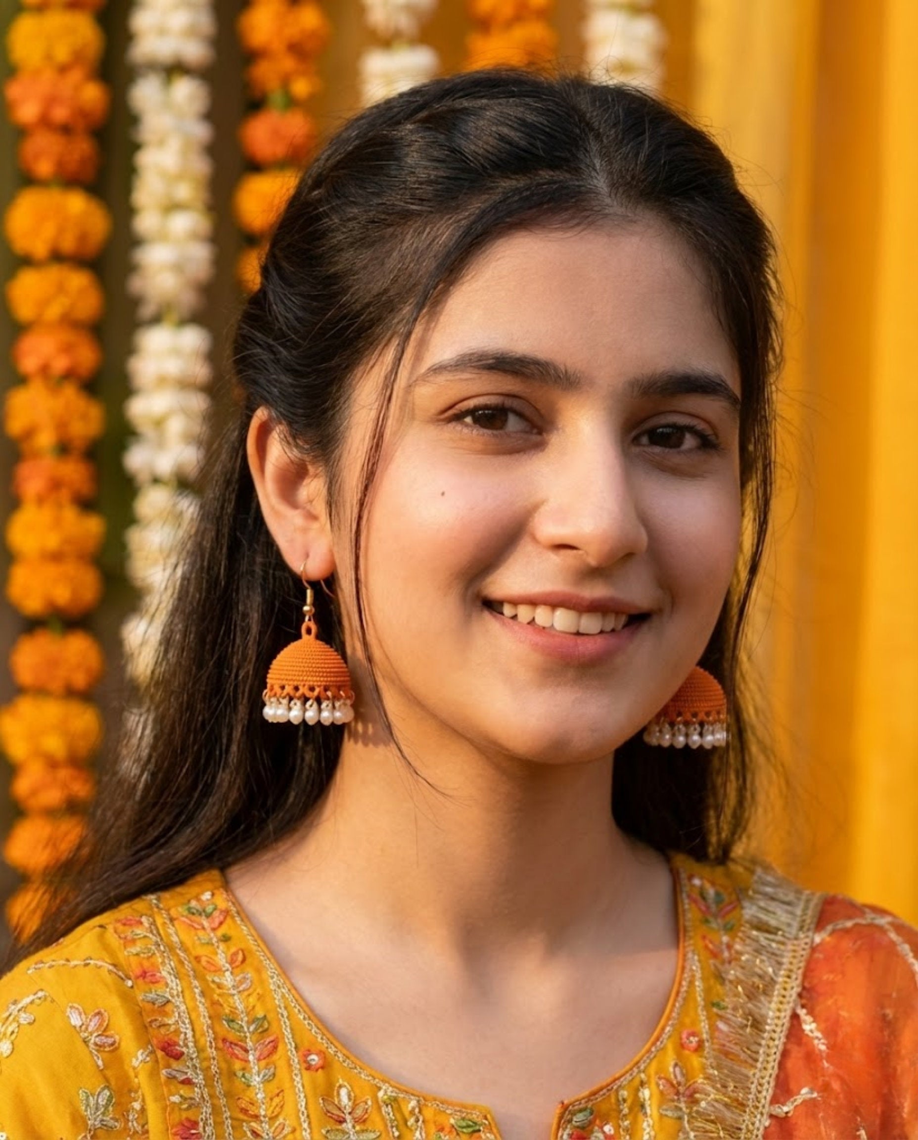 Orange Textured Jhumka Earrings with Elegant Pearl Drops