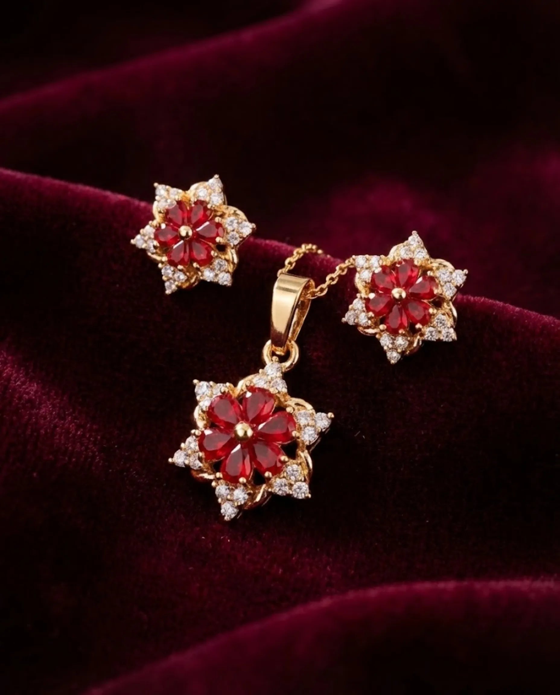 Orneza Scarlet Bloom Floral Crystal Jewelry Set