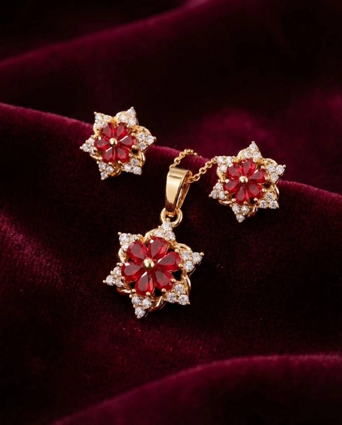 Orneza Scarlet Bloom Floral Crystal Jewelry Set