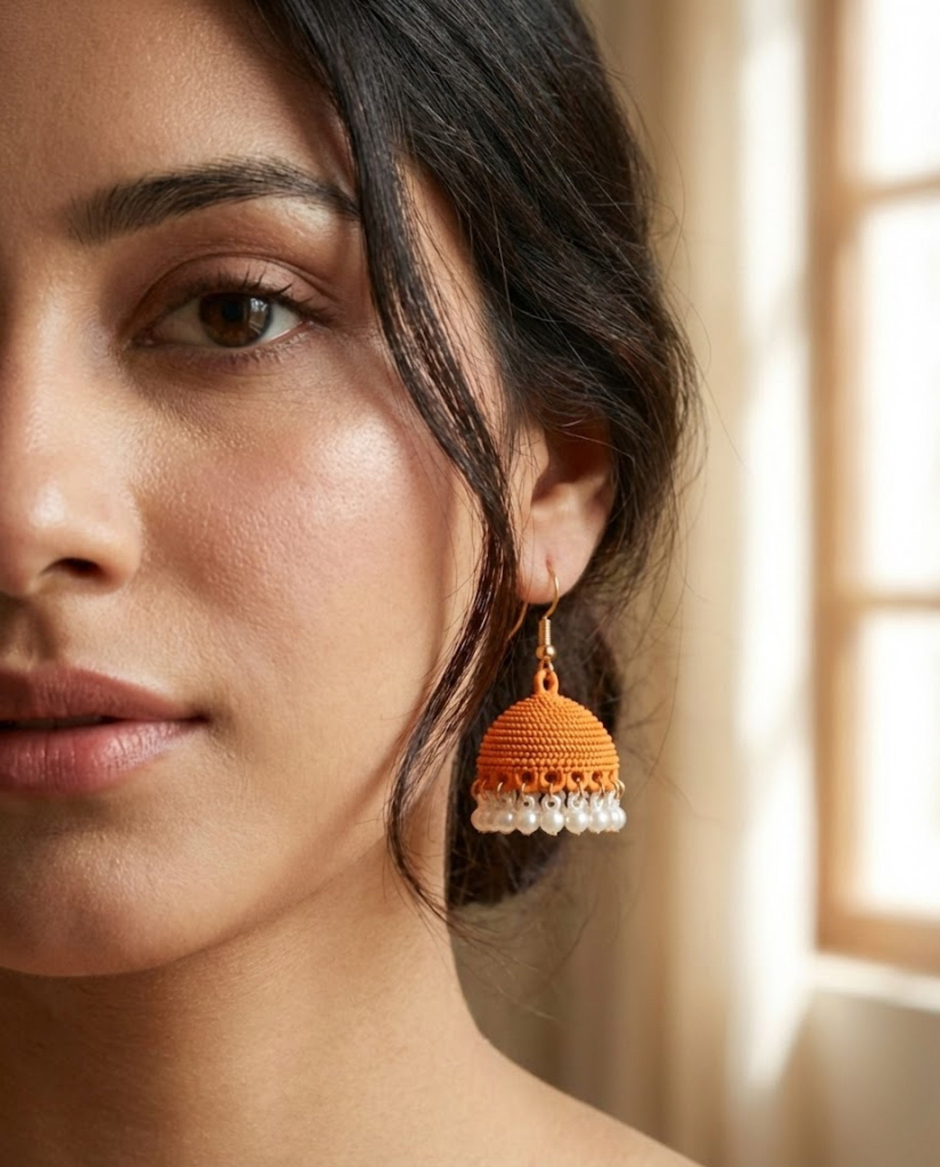 Orange Textured Jhumka Earrings with Elegant Pearl Drops
