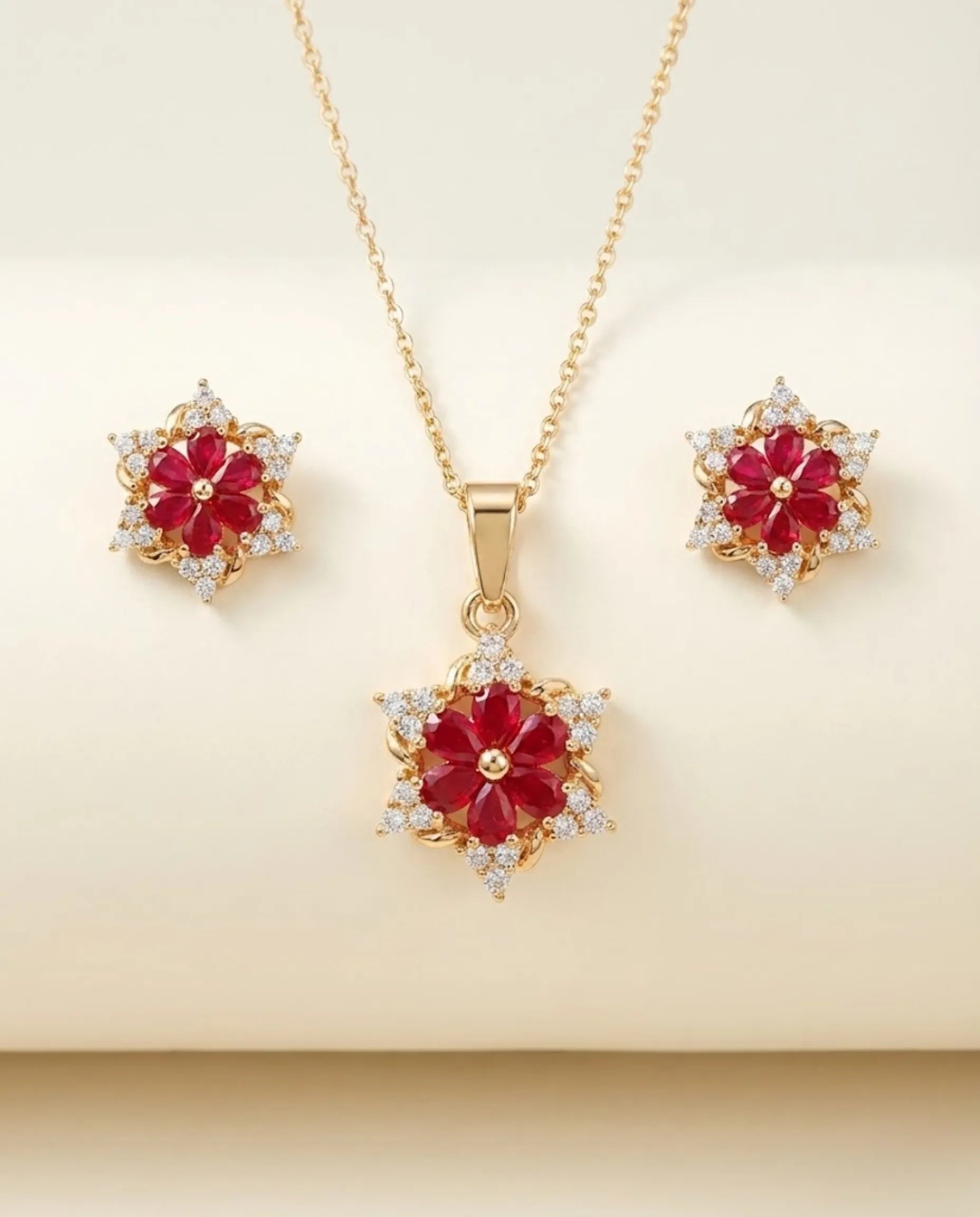 Orneza Scarlet Bloom Floral Crystal Jewelry Set