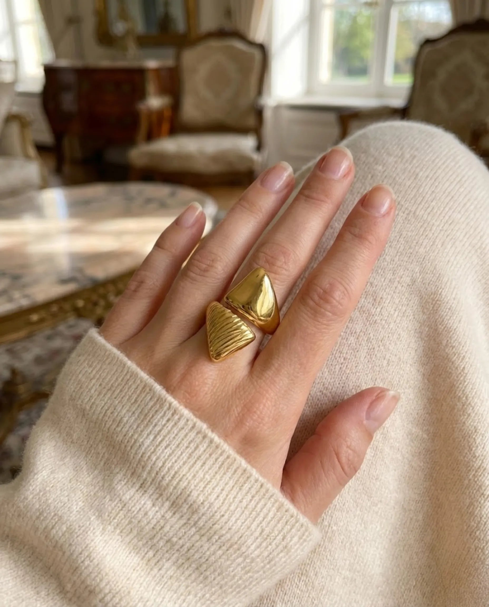 Orneza Dual Texture Pyramid Statement Ring - Adjustable Gold