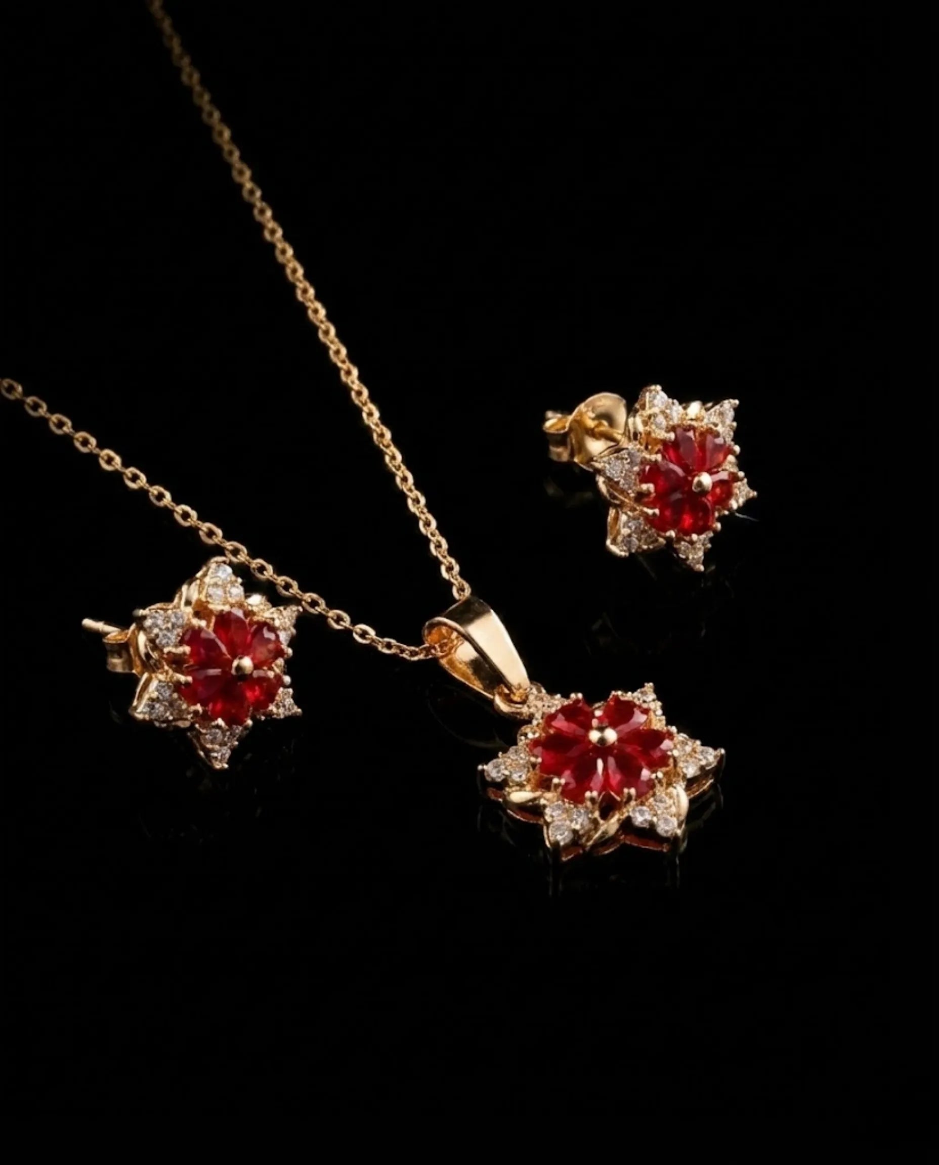 Orneza Scarlet Bloom Floral Crystal Jewelry Set