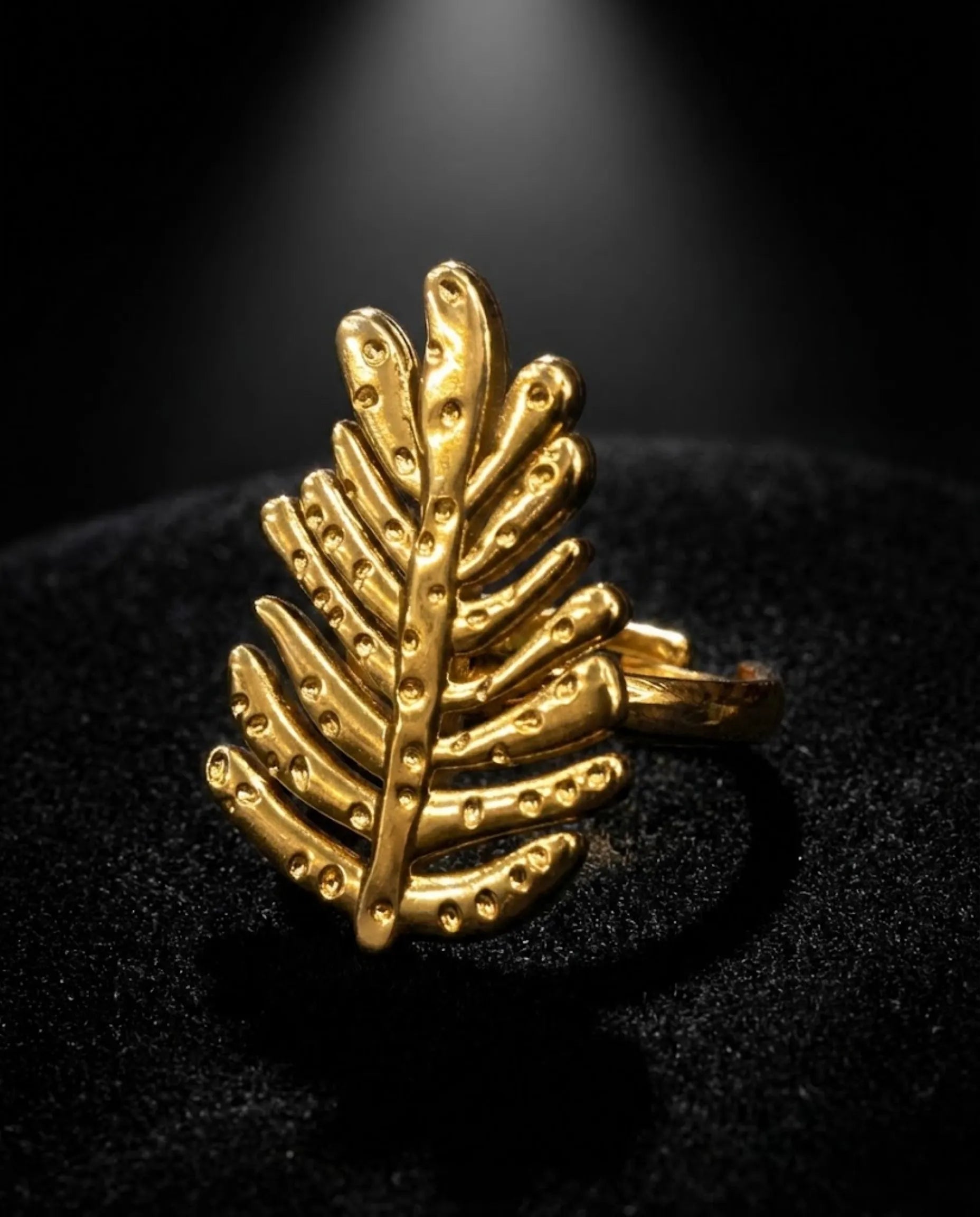 Orneza Botanical Fern Statement Ring - Adjustable Gold