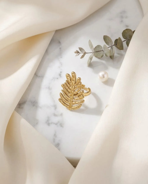 Orneza Botanical Fern Statement Ring - Adjustable Gold