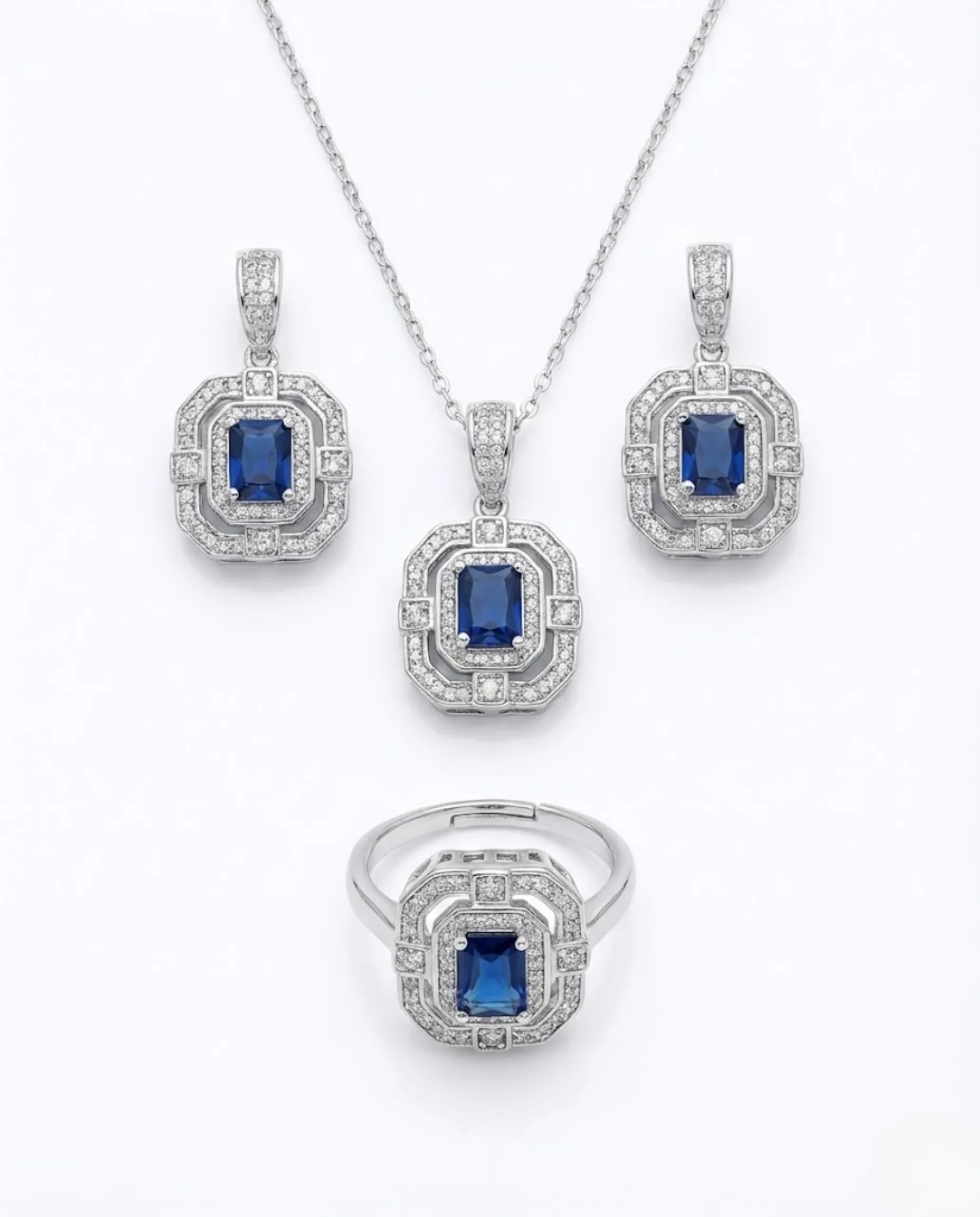 Orneza Sapphire Azure Halo Silver Jewelry Set