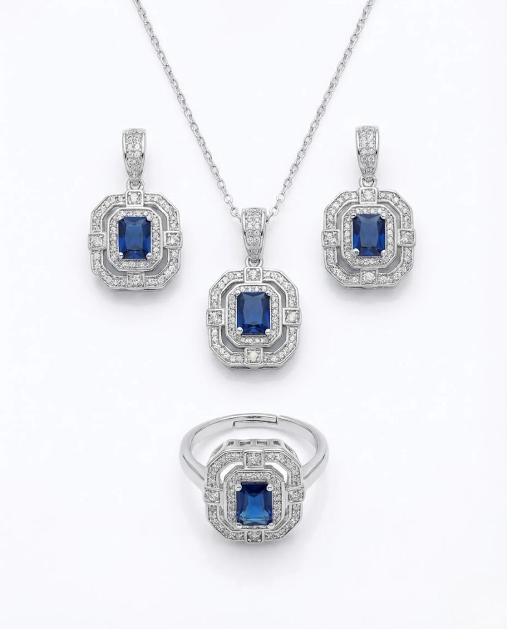 Orneza Sapphire Azure Halo Silver Jewelry Set