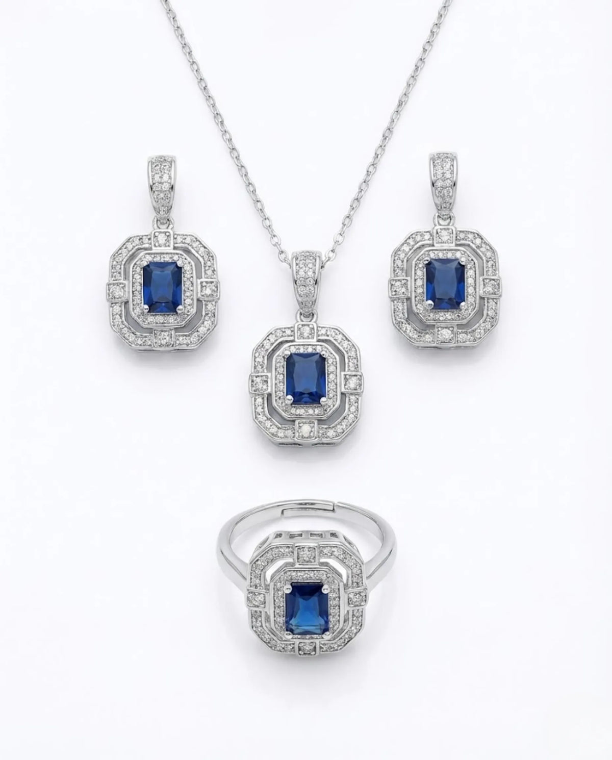 Orneza Sapphire Azure Halo Silver Jewelry Set