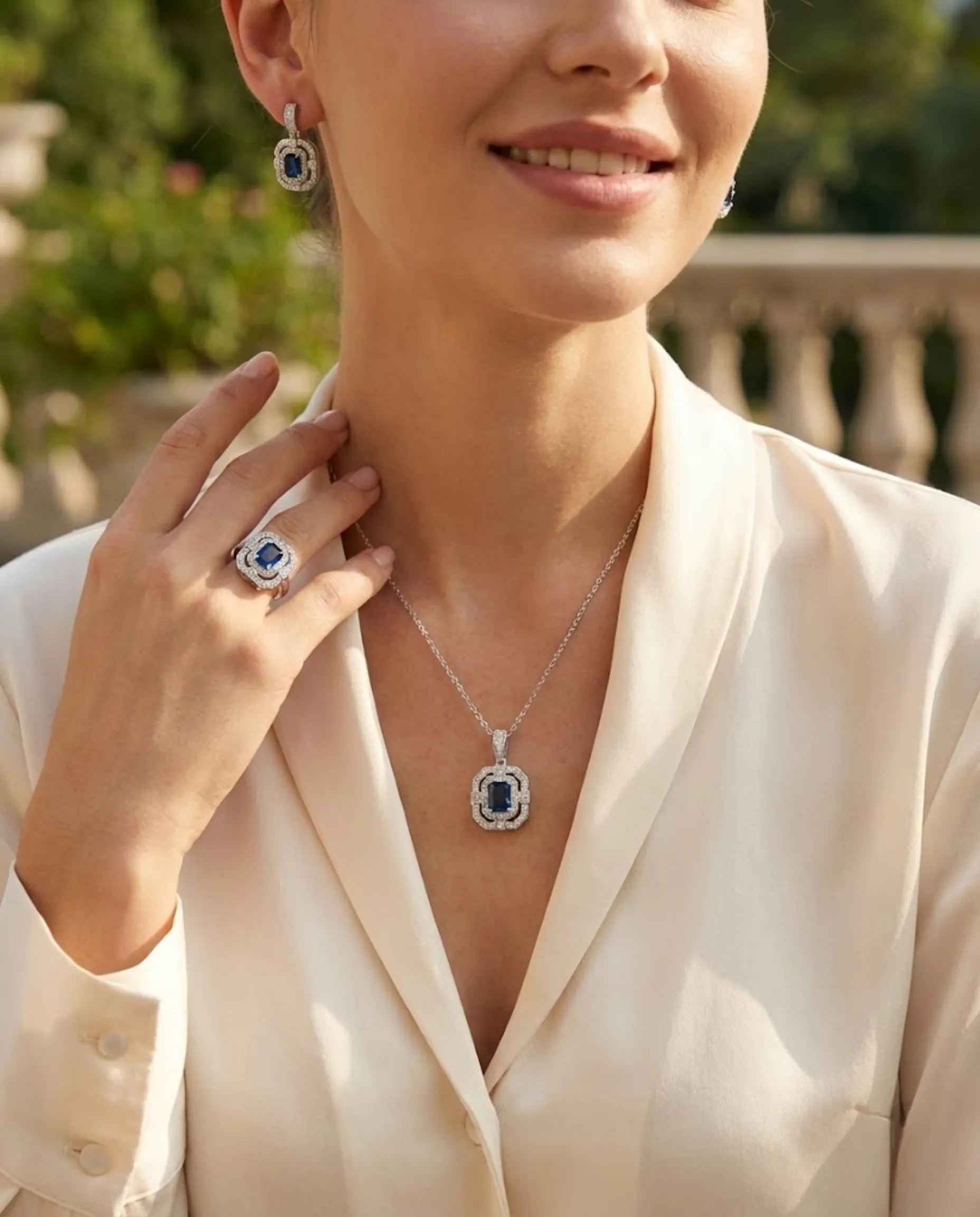 Orneza Sapphire Azure Halo Silver Jewelry Set