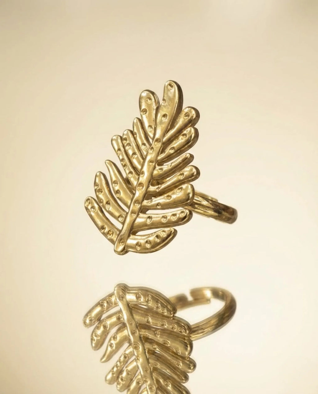 Orneza Botanical Fern Statement Ring - Adjustable Gold
