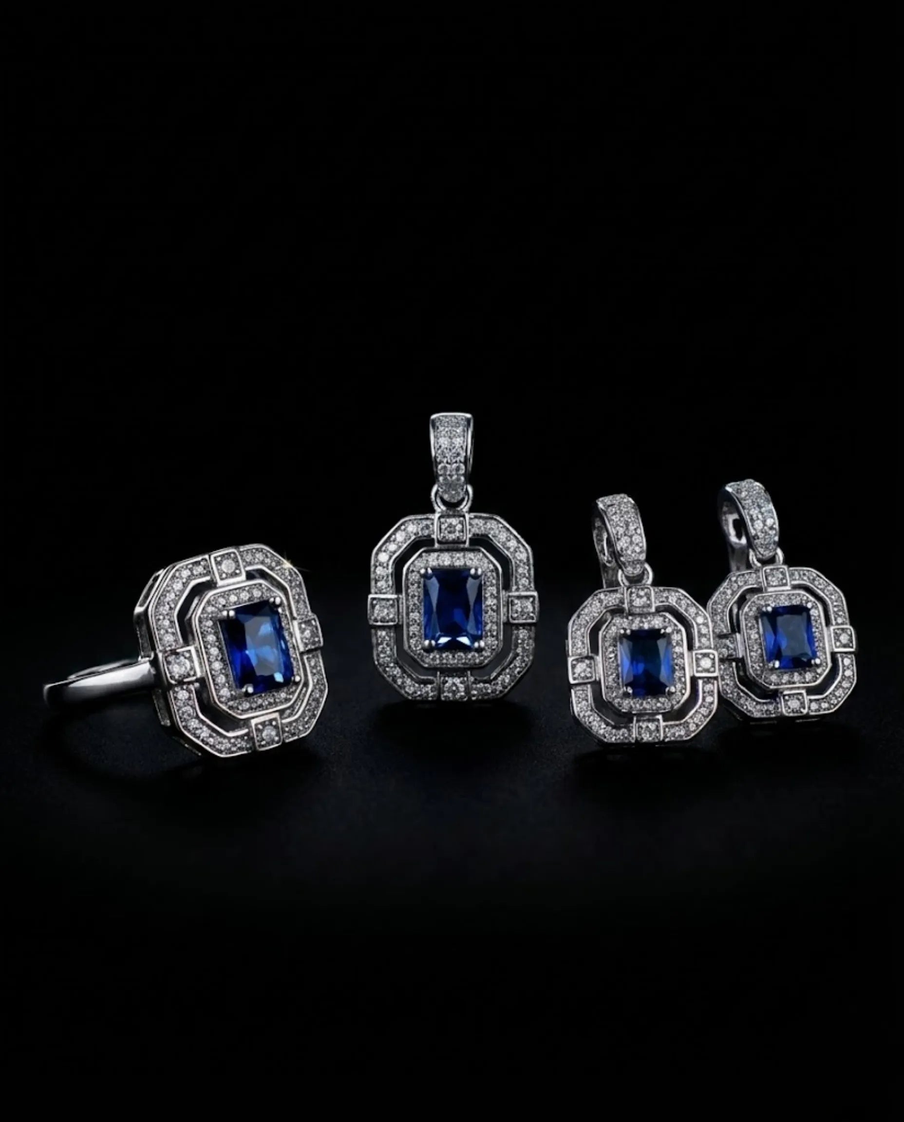 Orneza Sapphire Azure Halo Silver Jewelry Set