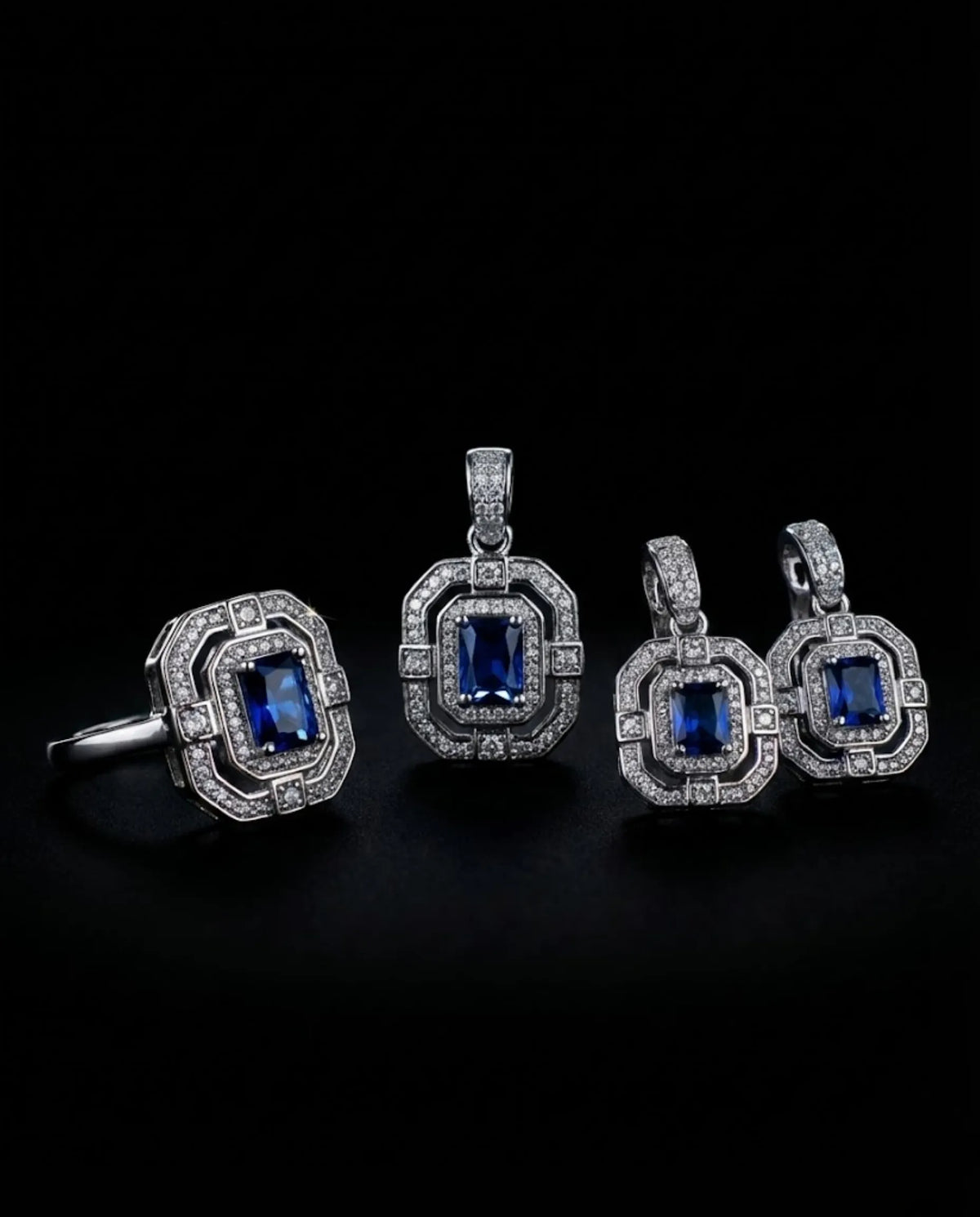 Orneza Sapphire Azure Halo Silver Jewelry Set