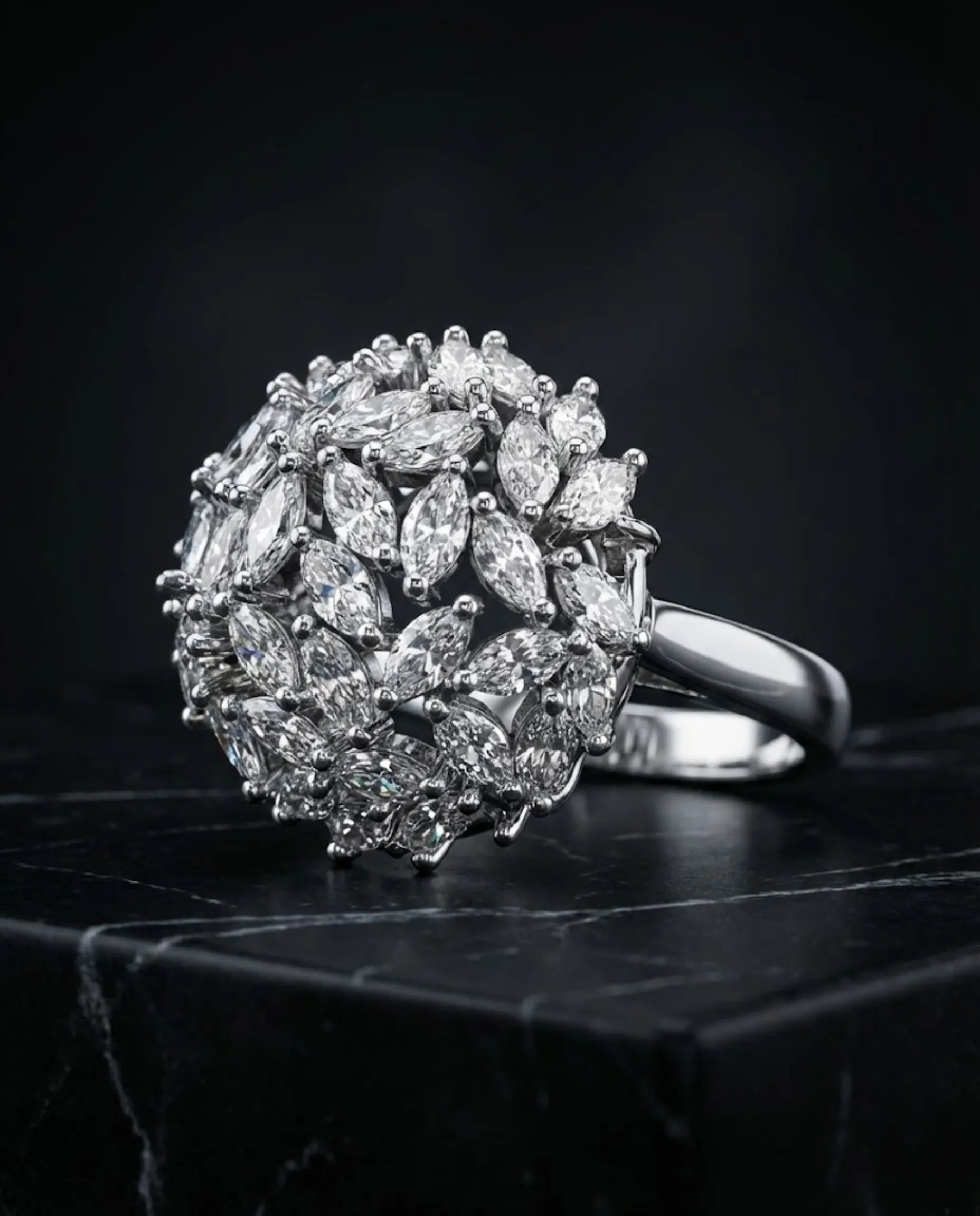 Orneza Marquise Stellar Silver Cluster Statement Ring