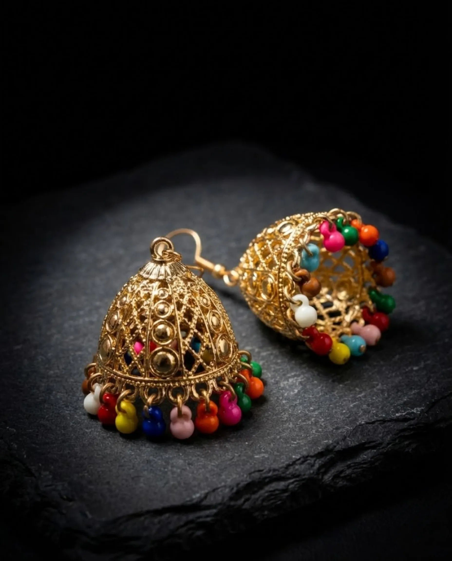 Orneza Multi-Color Beaded Gold Jhumka Earrings