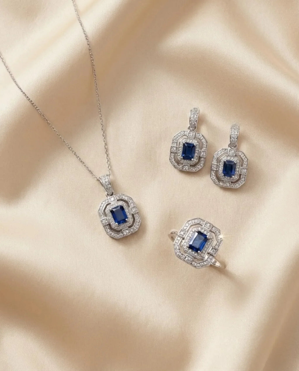 Orneza Sapphire Azure Halo Silver Jewelry Set
