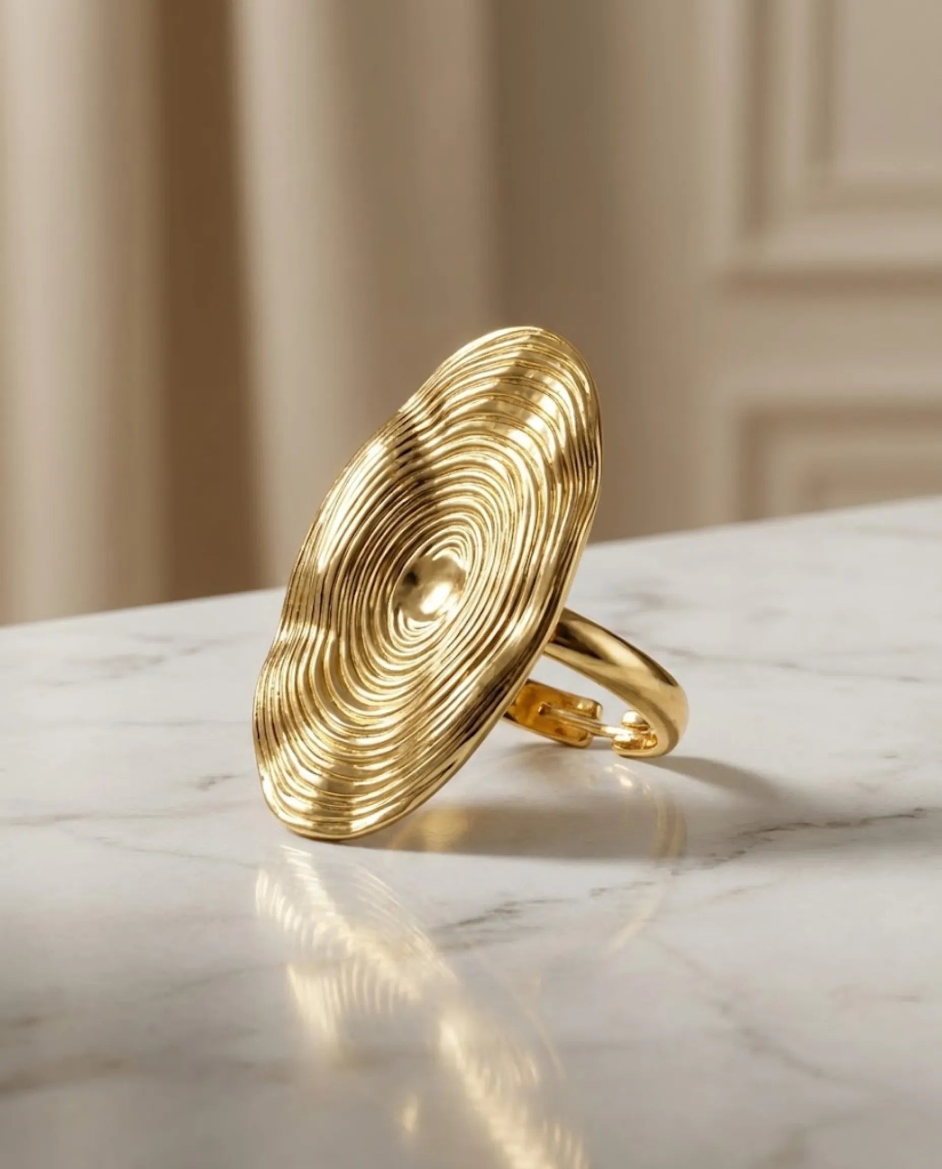 Orneza Golden Ripple Ellipse Statement Ring - Adjustable
