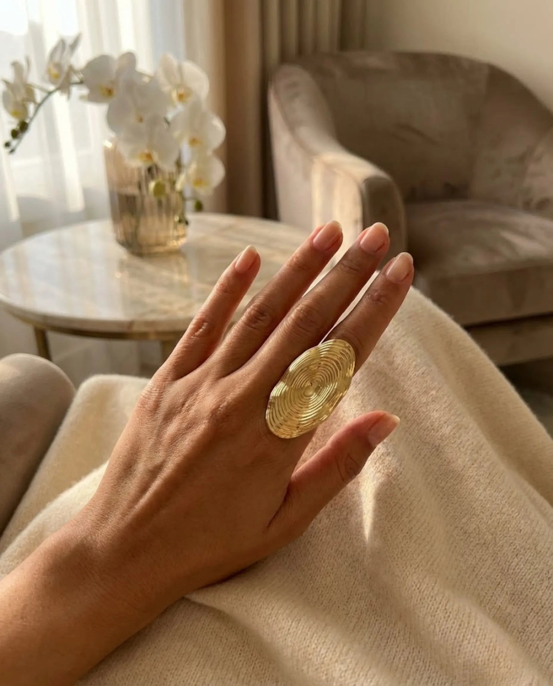 Orneza Golden Ripple Ellipse Statement Ring - Adjustable