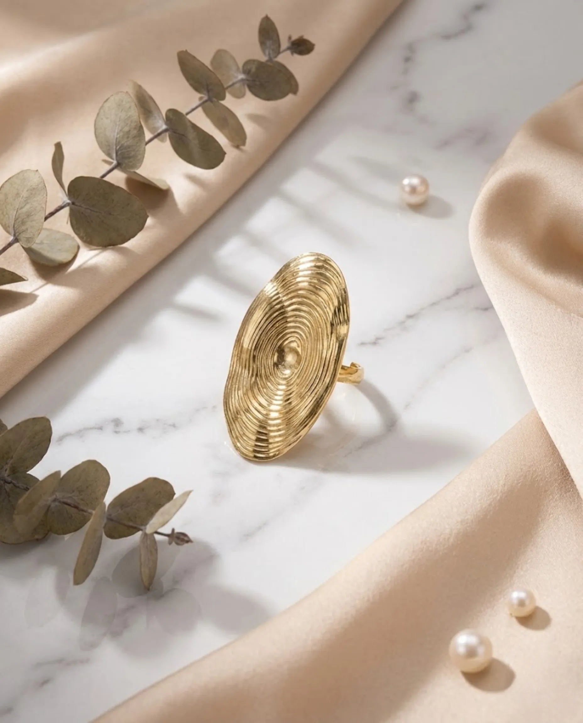 Orneza Golden Ripple Ellipse Statement Ring - Adjustable