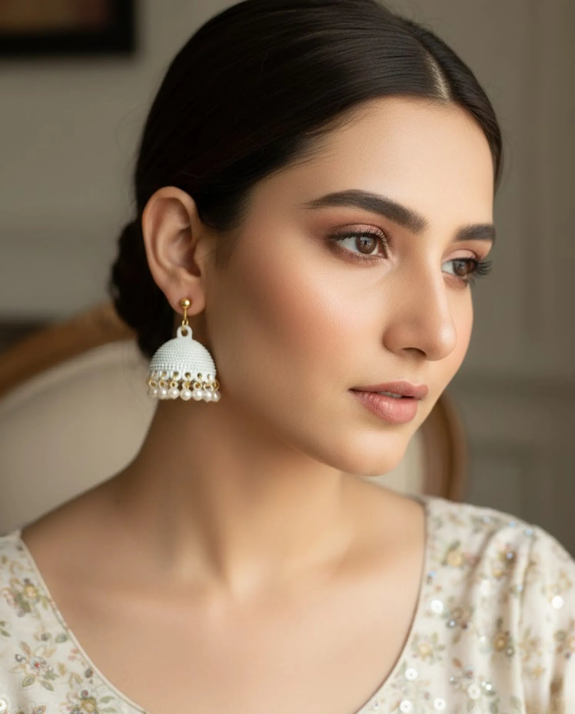 Chic White Matte Pearl Jhumka Earrings by Orneza