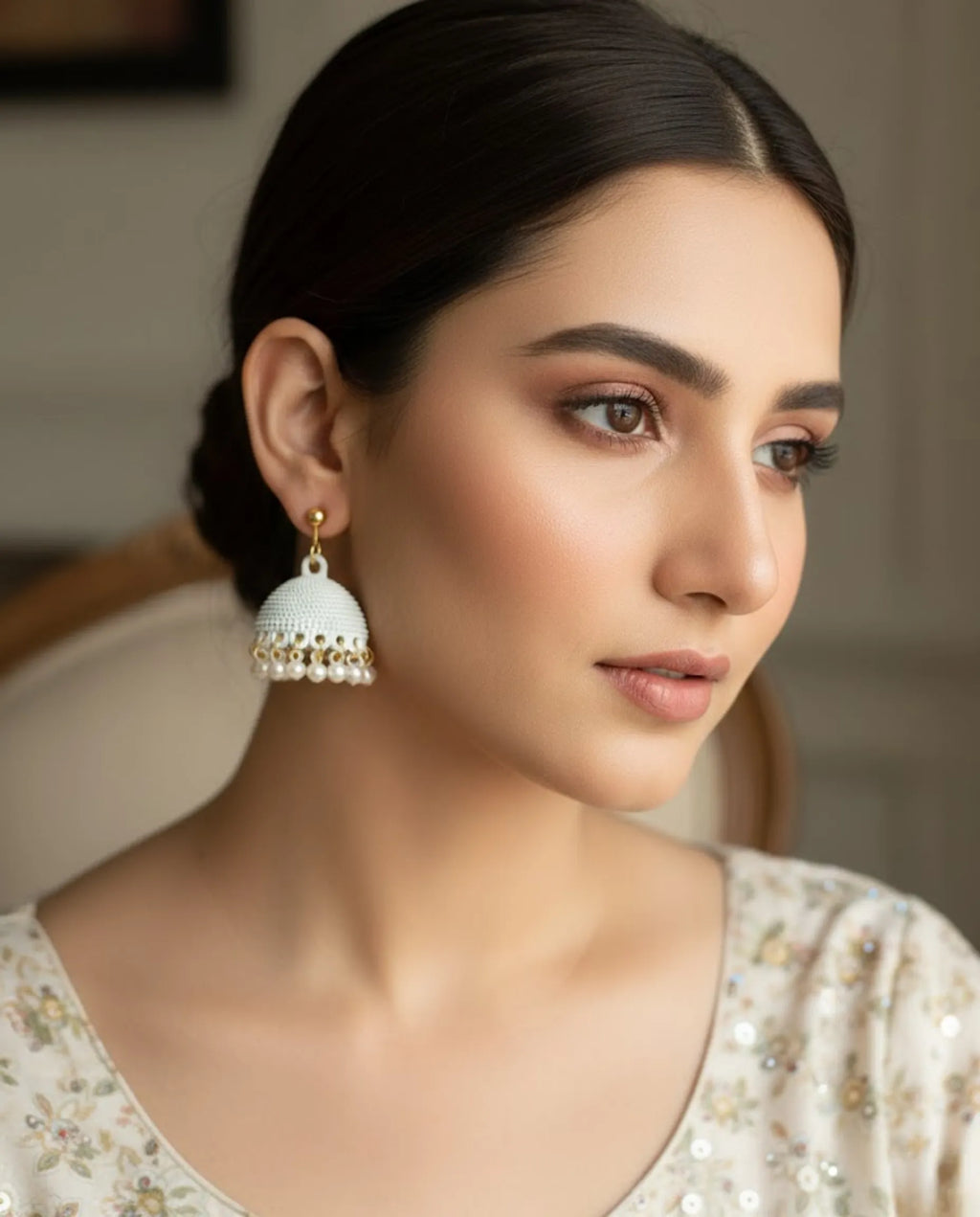Chic White Matte Pearl Jhumka Earrings by Orneza