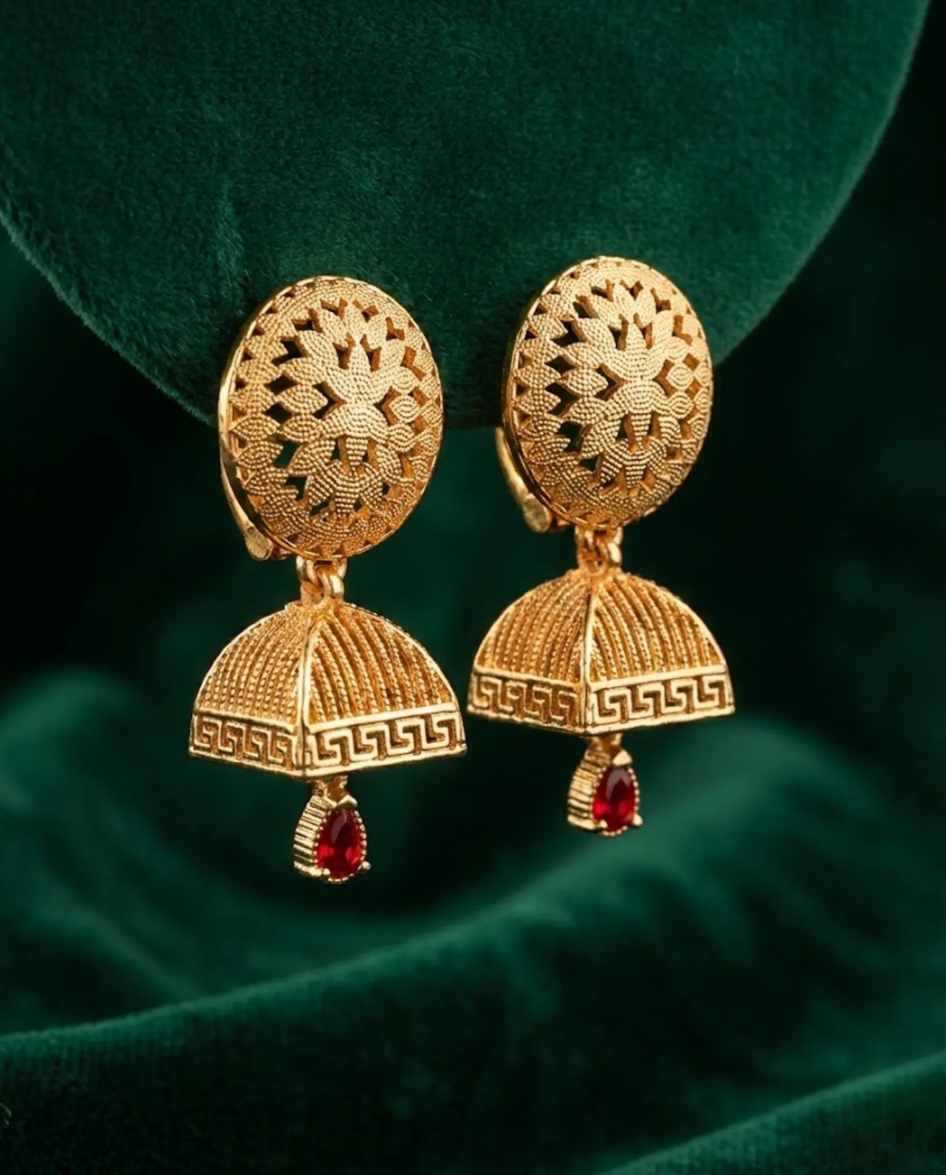 Orneza Gold Plated Square Jhumka Earrings with Ruby Drops
