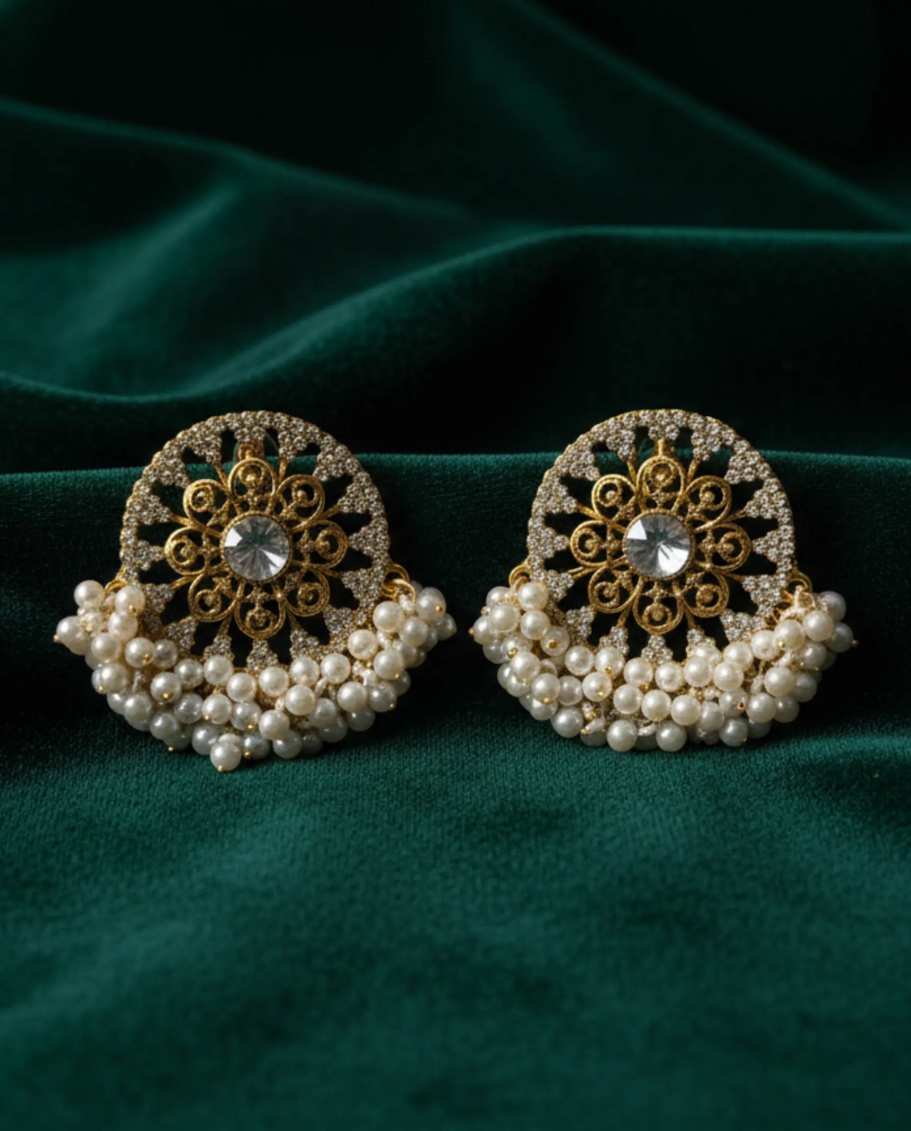 Orneza Pearl Encrusted Gold Chandbali Statement Earrings