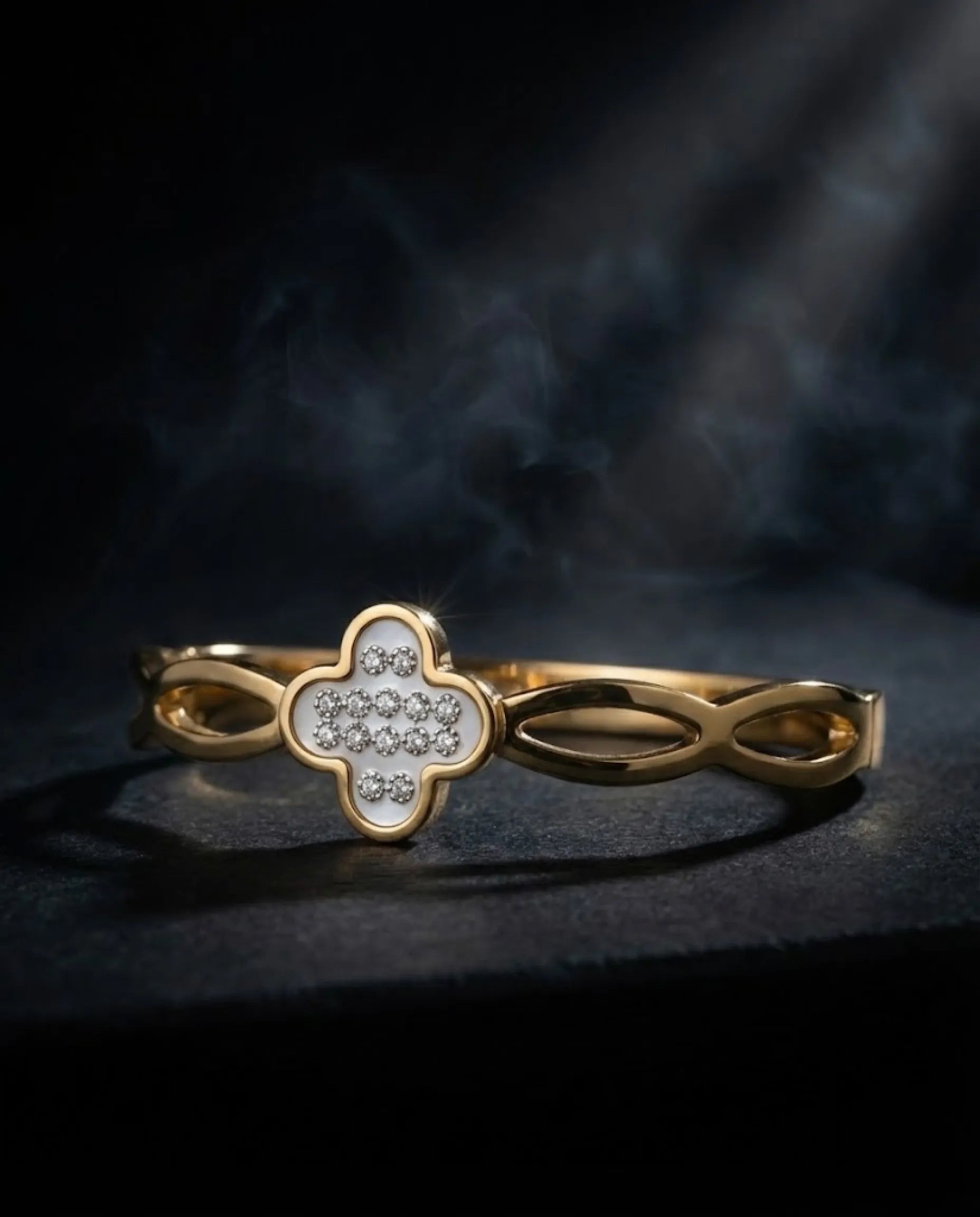 Orneza Gold Clover Crystal Bangle with Mother of Pearl Finish