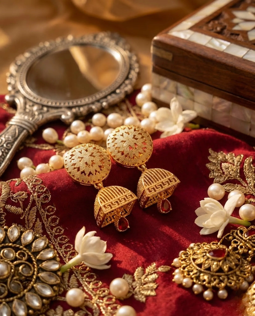 Orneza Gold Plated Square Jhumka Earrings with Ruby Drops