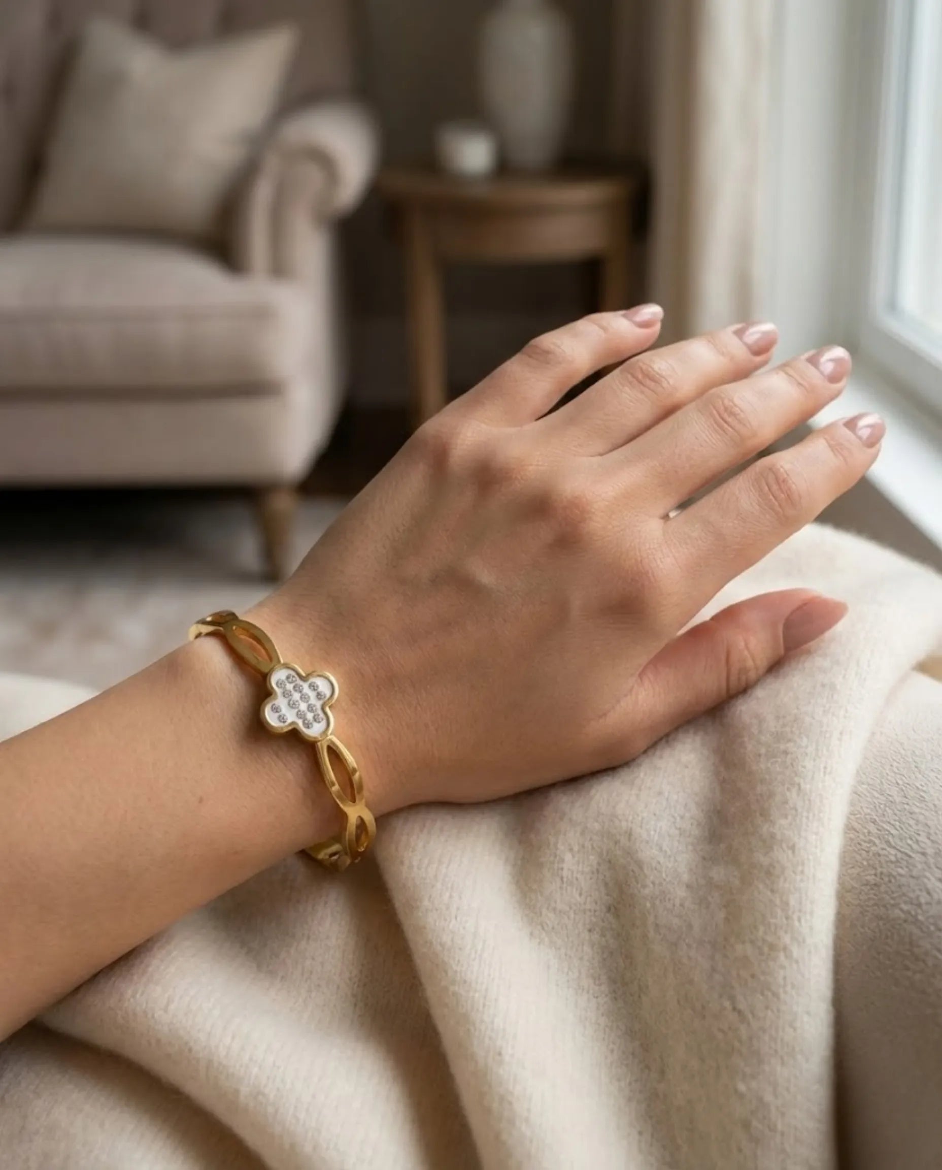 Orneza Gold Clover Crystal Bangle with Mother of Pearl Finish