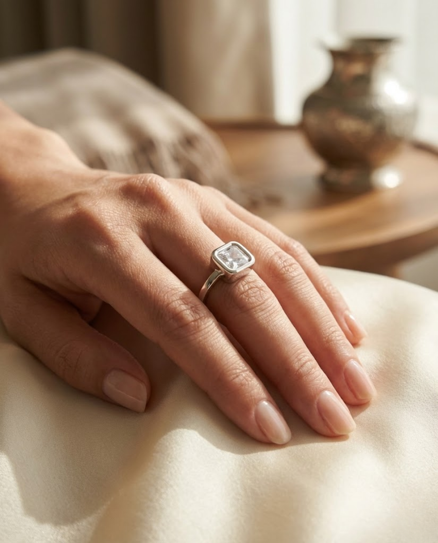 Orneza Princess Cut Bezel Set Sterling Silver Ring