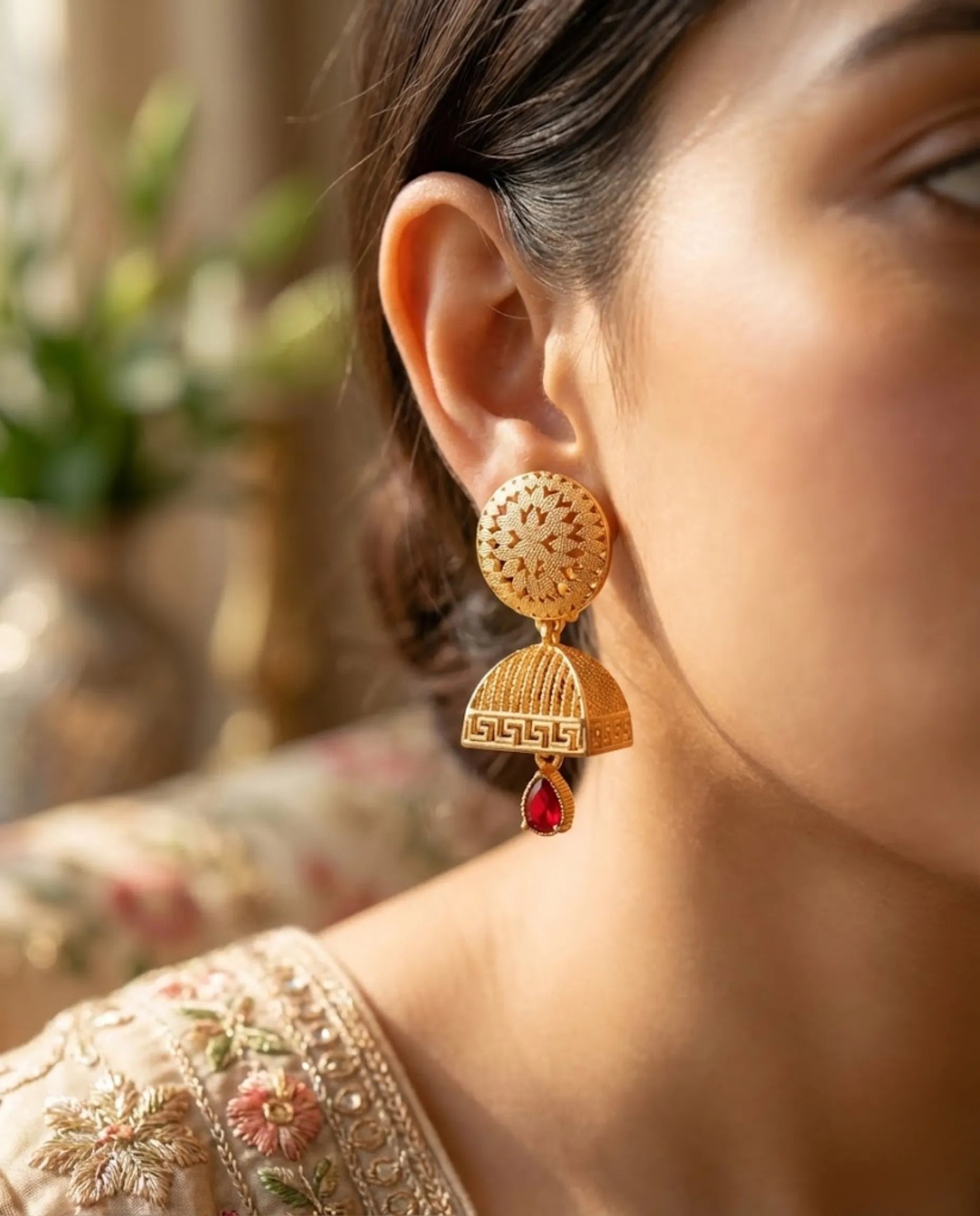 Orneza Gold Plated Square Jhumka Earrings with Ruby Drops