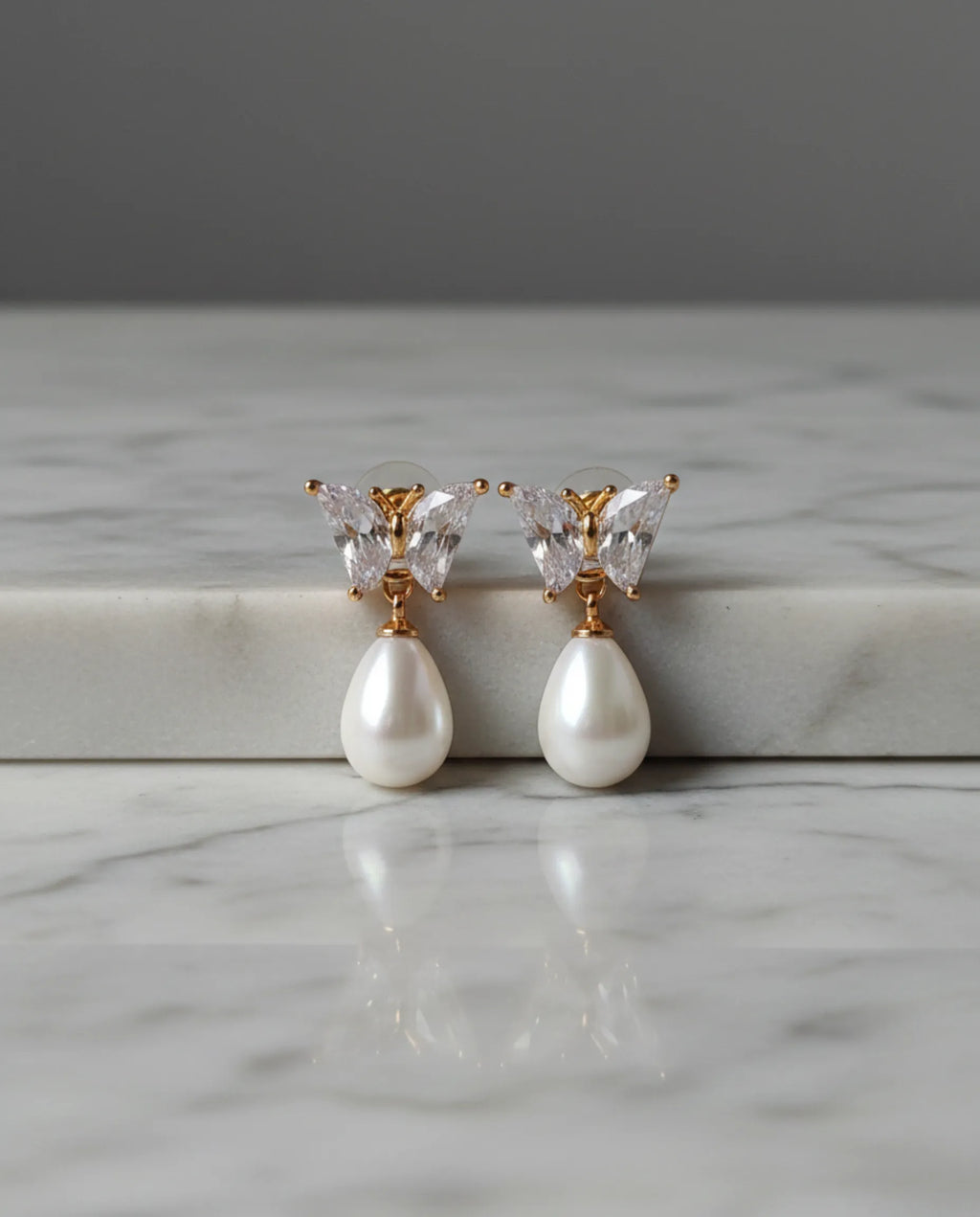 Orneza Crystal Butterfly Gold Drop Earrings with Teardrop Pearl