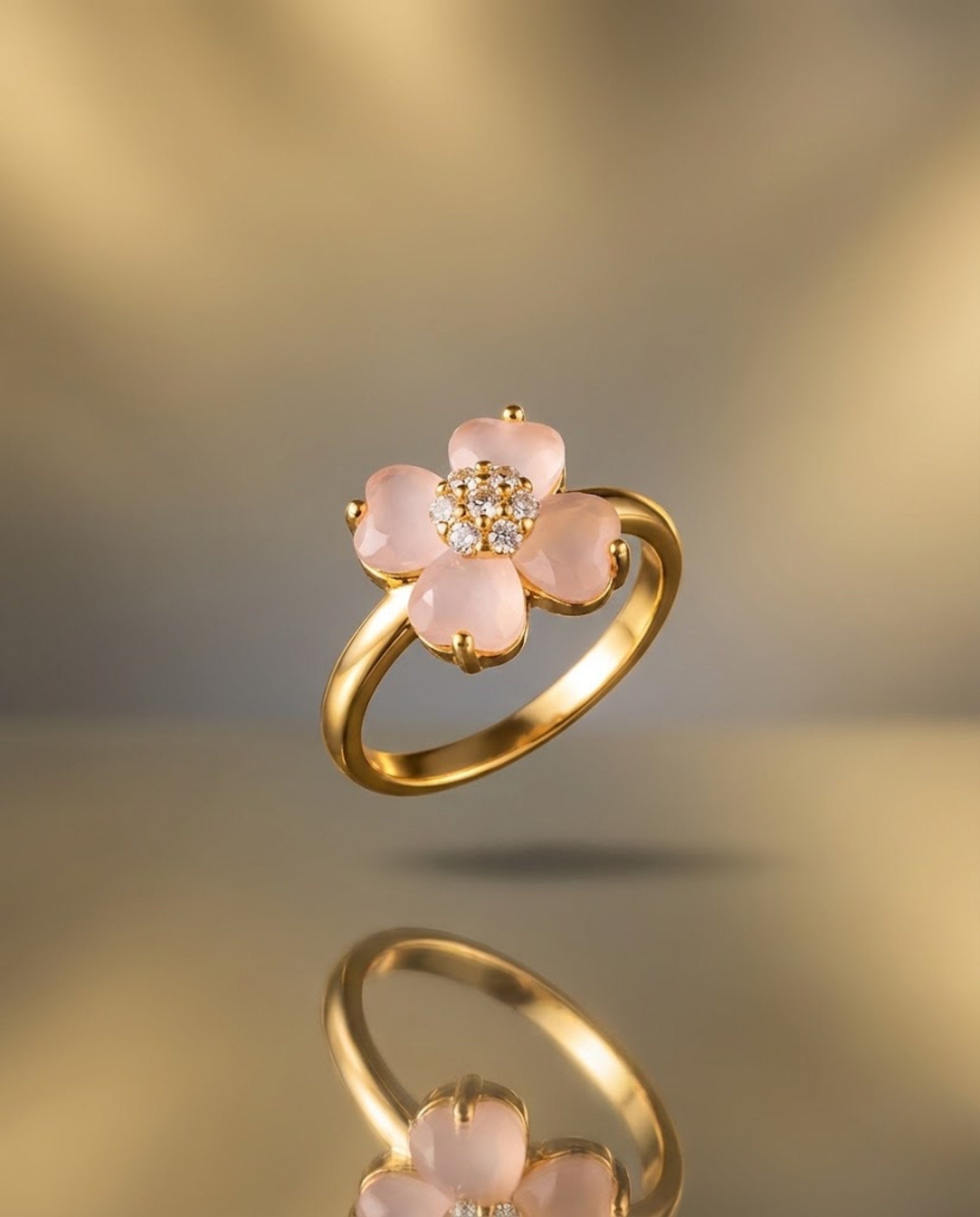 Orneza Rose Quartz Clover Flower Gold Plated Ring