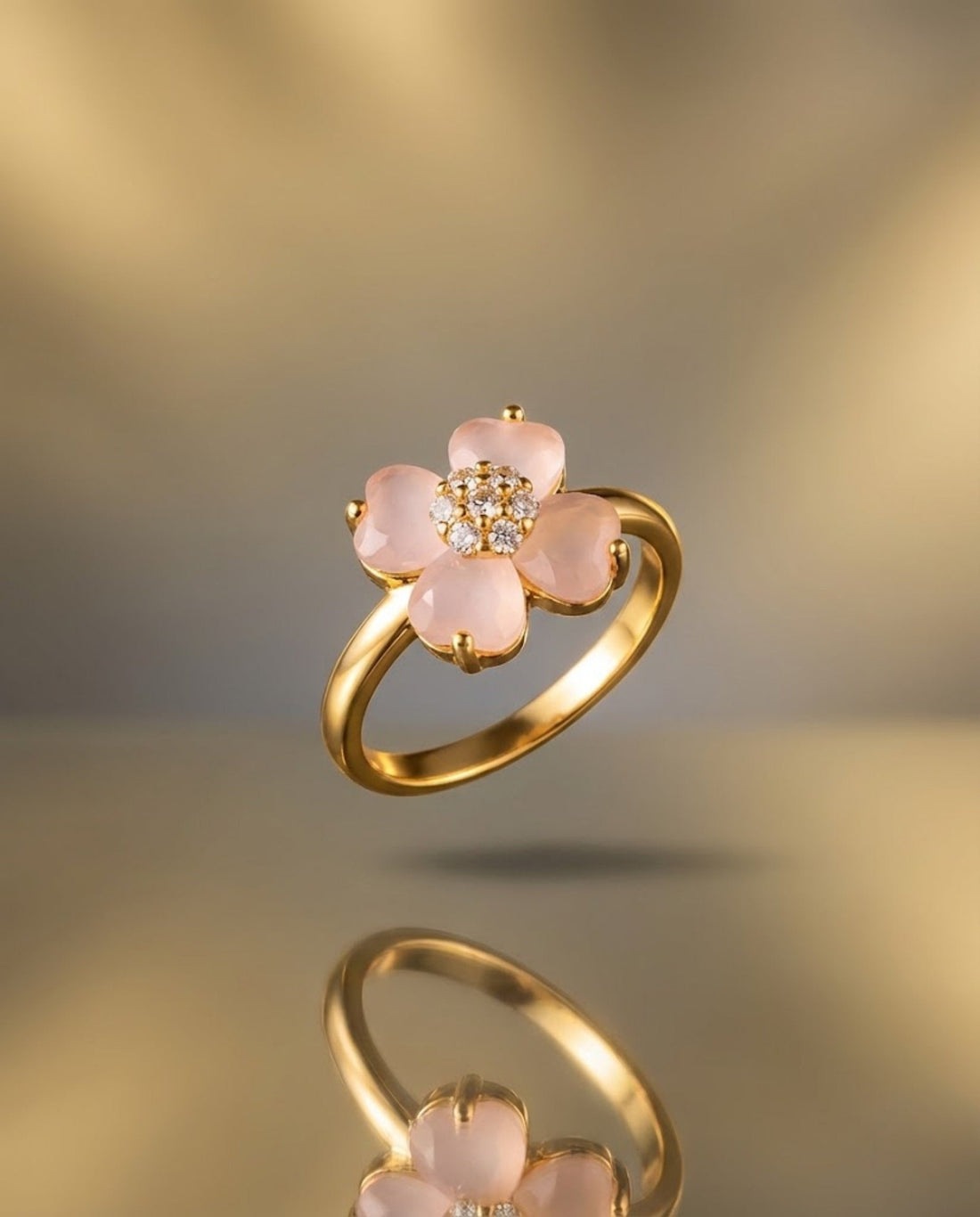 Orneza Rose Quartz Clover Flower Gold Plated Ring