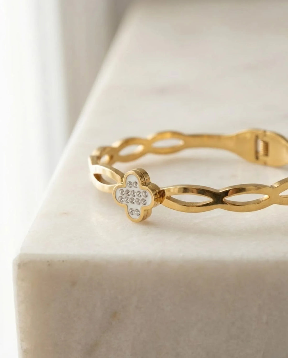 Orneza Gold Clover Crystal Bangle with Mother of Pearl Finish