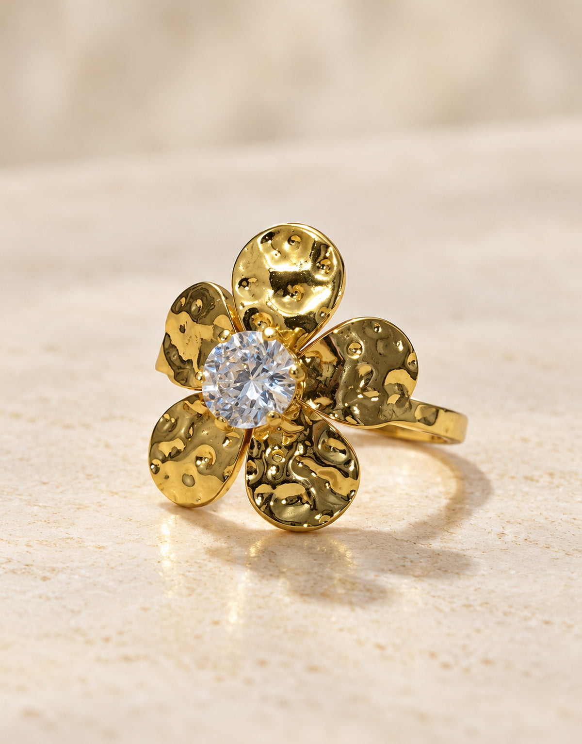 Orneza Gold-Tone Hammered Flower Ring — front view