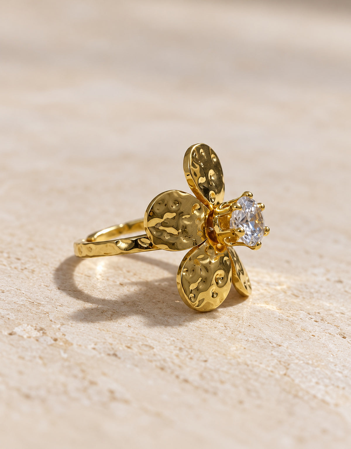 Orneza Gold-Tone Hammered Flower Ring — angle view