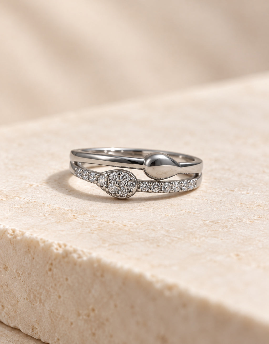 Orneza Silver-Tone Pave Teardrop Double Band Ring — front view